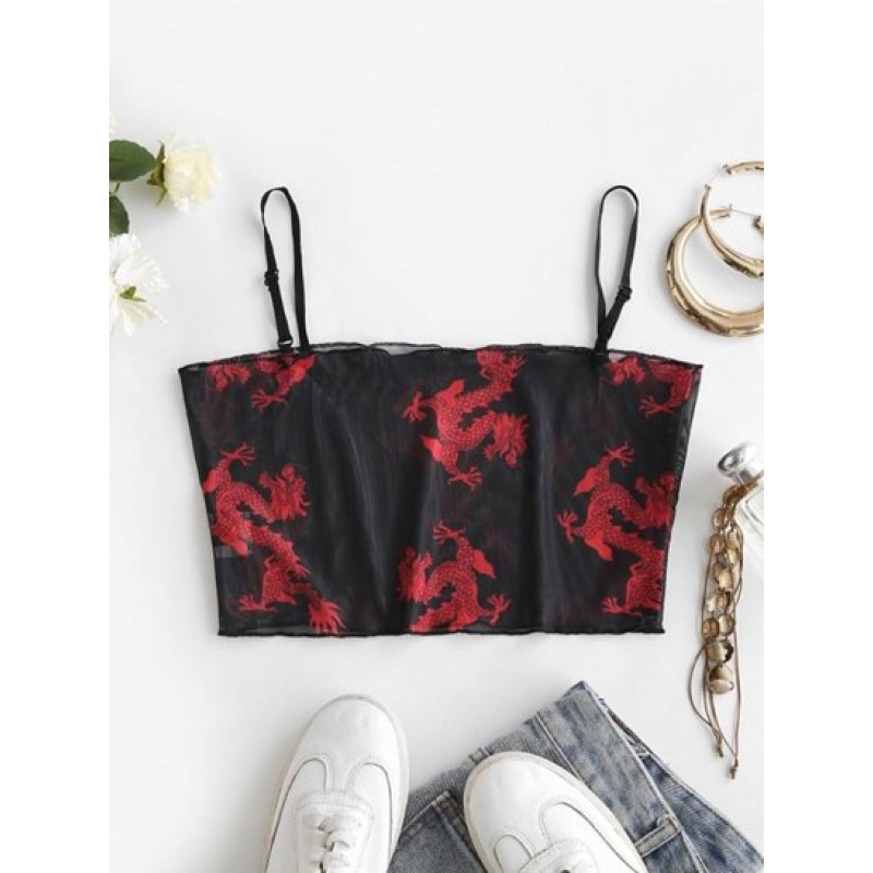 Cropped Oriental Dragon Sheer Mesh Cami Top AI0875