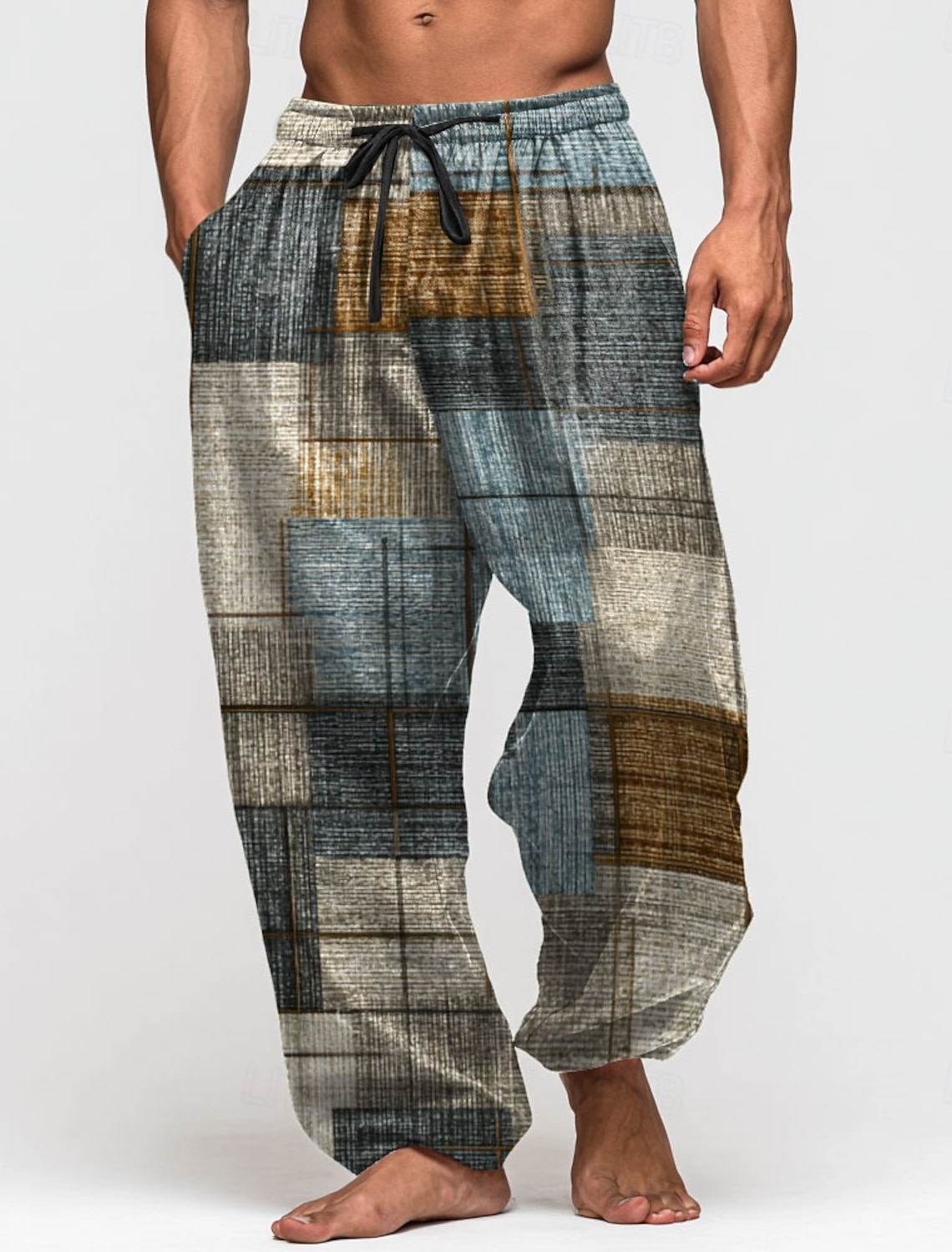 Men's Geometric Color Block Trousers Baggy Pants Casual Mid Waist