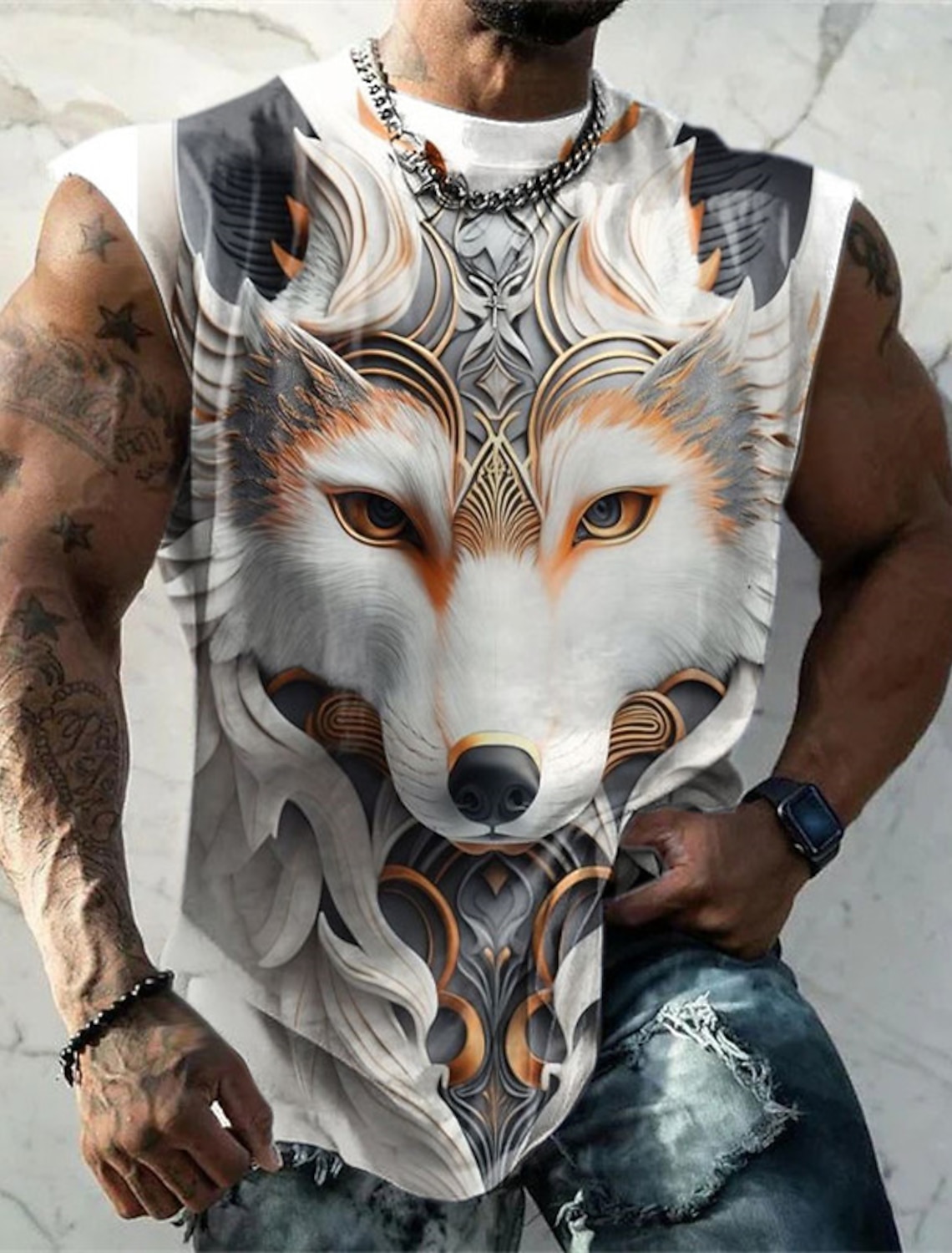 Men's Graphic Animal Wolf Vest Top Sleeveless T Shirt for Men Sleeveless Cap Sleeve T shirt 3D Print Crew Neck Shirt Fashion Designer Muscle Daily Sports Gym White Blue Brown Spring & Summer Clothing