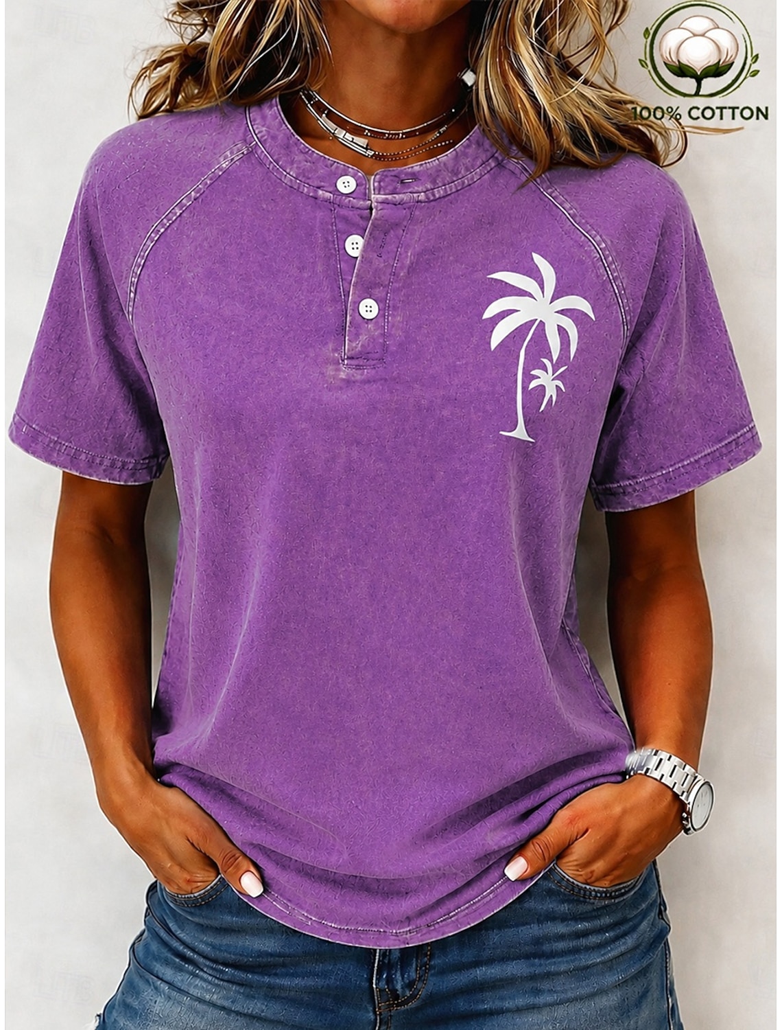 SoftFade™ Women's Vintage 100% Cotton Henley Shirt - Soft Washed Short Sleeve Basic Tops