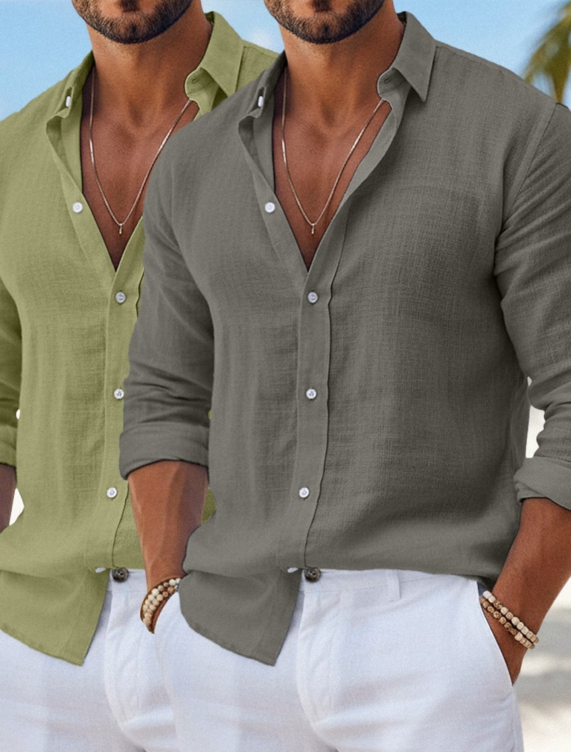 Men's Shirt Linen Shirt Summer Shirt Beach Wear Button Up Shirt Plain Casual Vacation Green+Gray White+Pink White+Green Gray+Pink Long Sleeve Collar Spring & Summer Summer Clothing Apparel