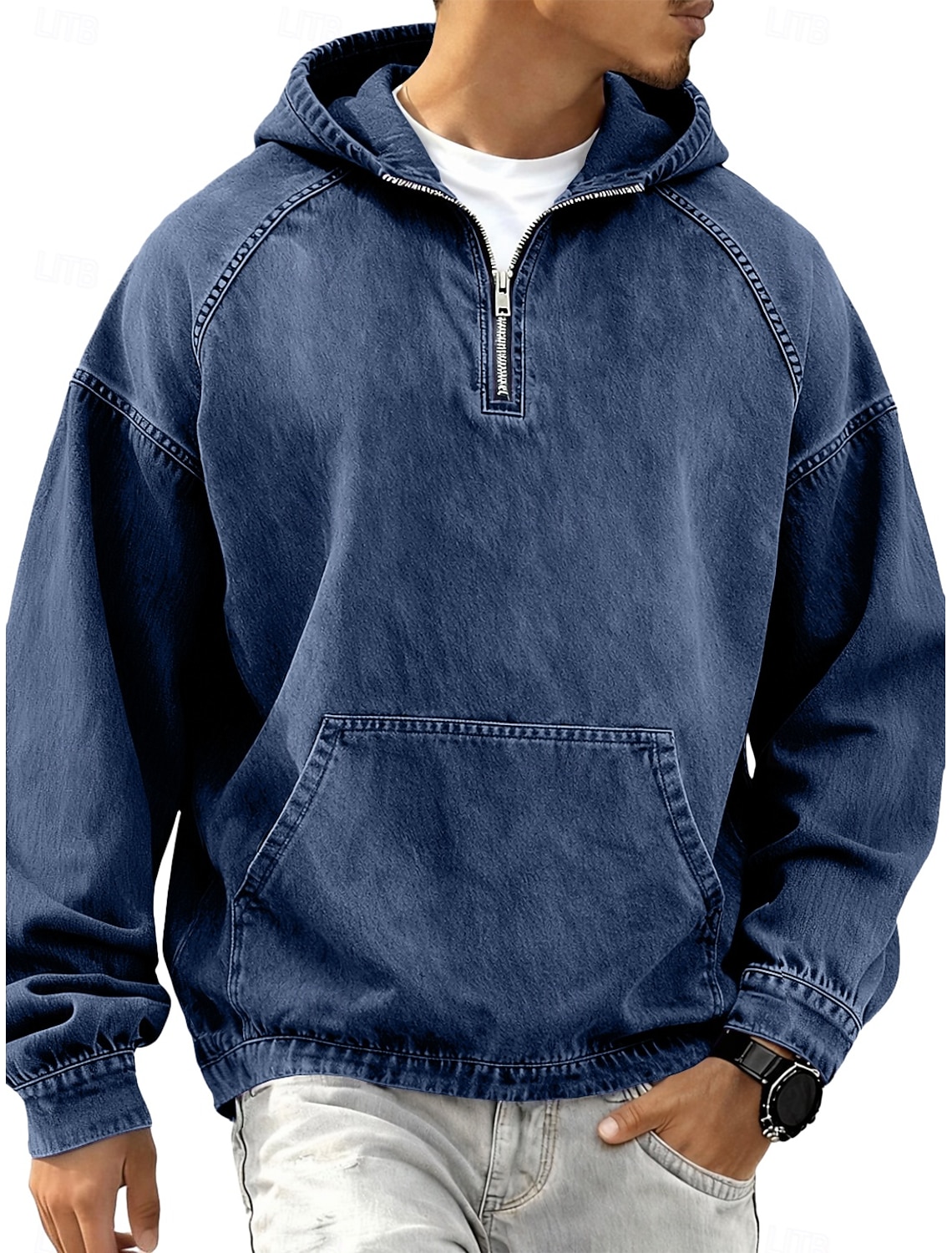 Men's Denim Shirt 100% Cotton Acid Wash Tee Top Long Sleeve Hooded