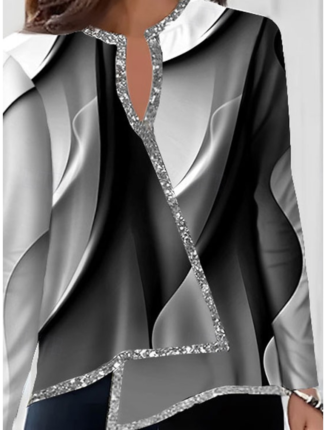 Women's Shirt Blouse Fashion Print Asymmetric Hem Long Sleeve Regular Tops V Neck Casual Fall & Winter