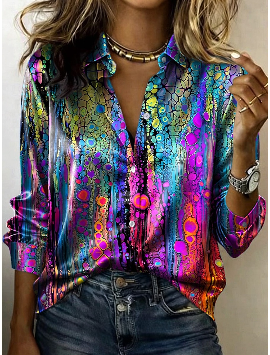 Women's Shirt Graphic Geometric Bohemia Vintage Stylish Long Sleeve Shirt Collar Regular Tops Daily Holiday Blue Pink Purple Summer Spring