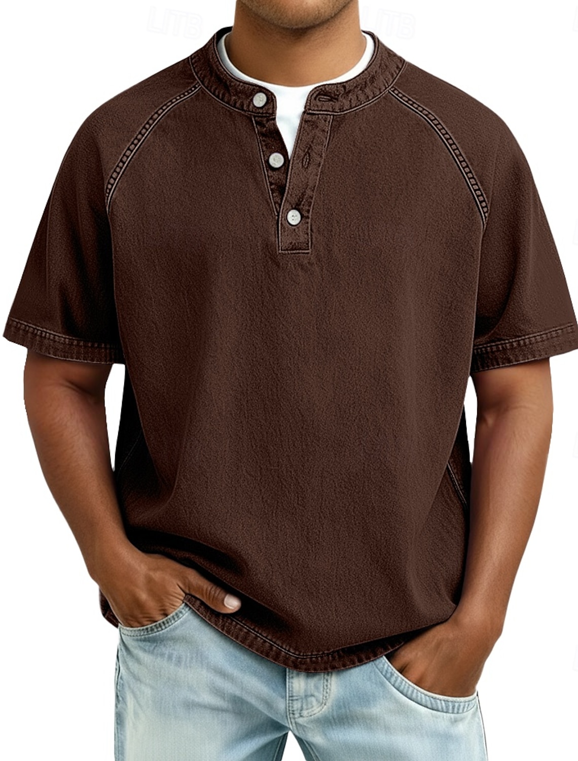 Men's T Shirt Henley 100% Cotton Acid Wash Tee Top Short Sleeve Plain