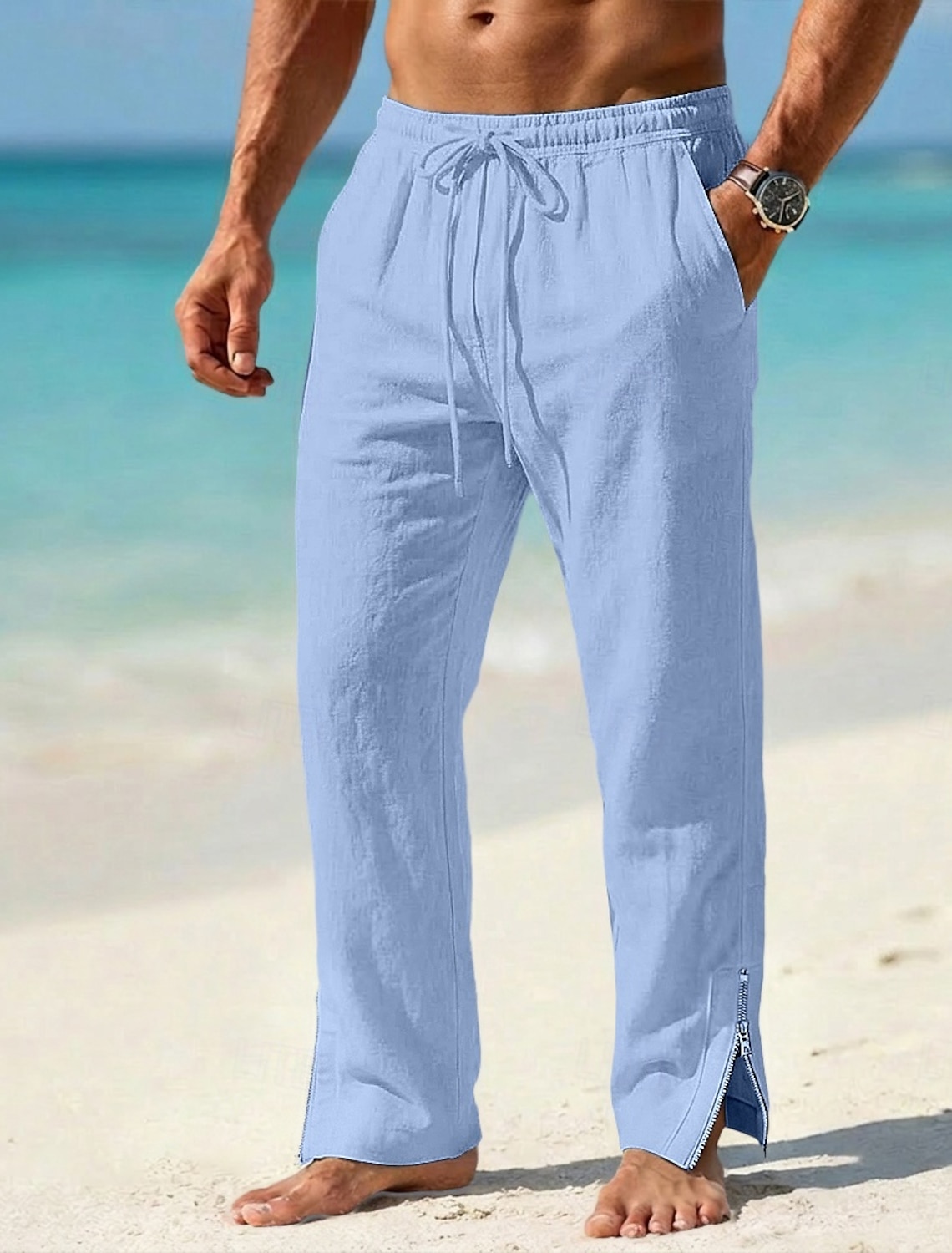 Men's Linen Pants Trousers Summer Pants Beach Pants Drawstring Zipper Elastic Waist Plain Comfort Breathable Full Length Outdoor Beach Holiday Vacation Fashion Khaki White Inelastic