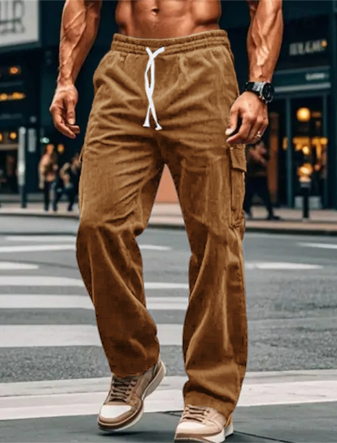 Men's Cargo Pants Corduroy Trousers Baggy Casual Drawstring Elastic
