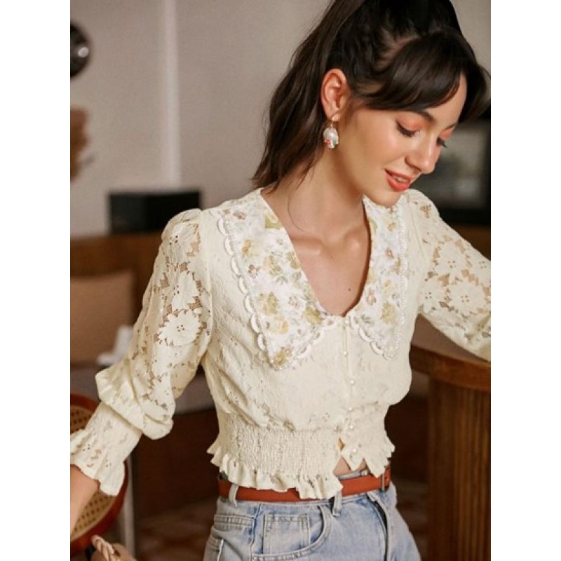 Lettuce Hem Floral Collar Beading Lace Blouse UL0604