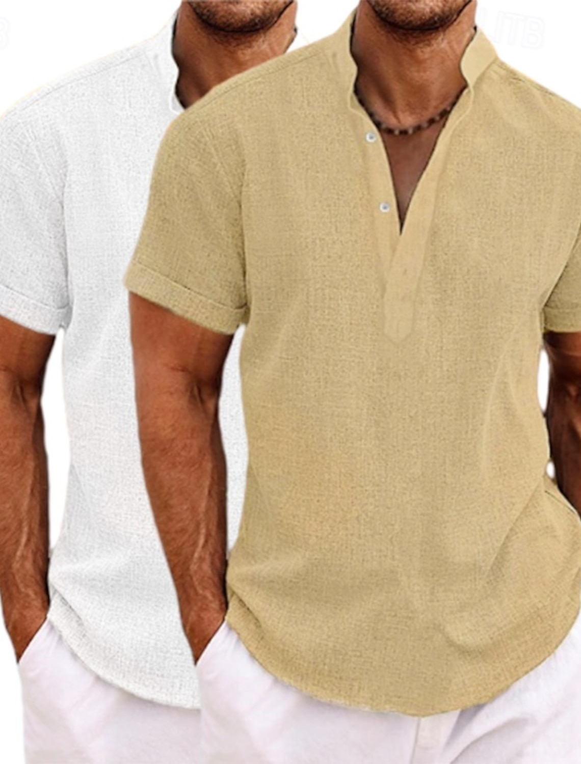 Men's Shirt Linen Shirt Popover Shirt Summer Shirt Beach Wear Band Collar Shirt Plain Vacation Casual Green+Gray White+Yellow White+Green White+Navy Blue Short Sleeve Henley Summer Clothing Apparel