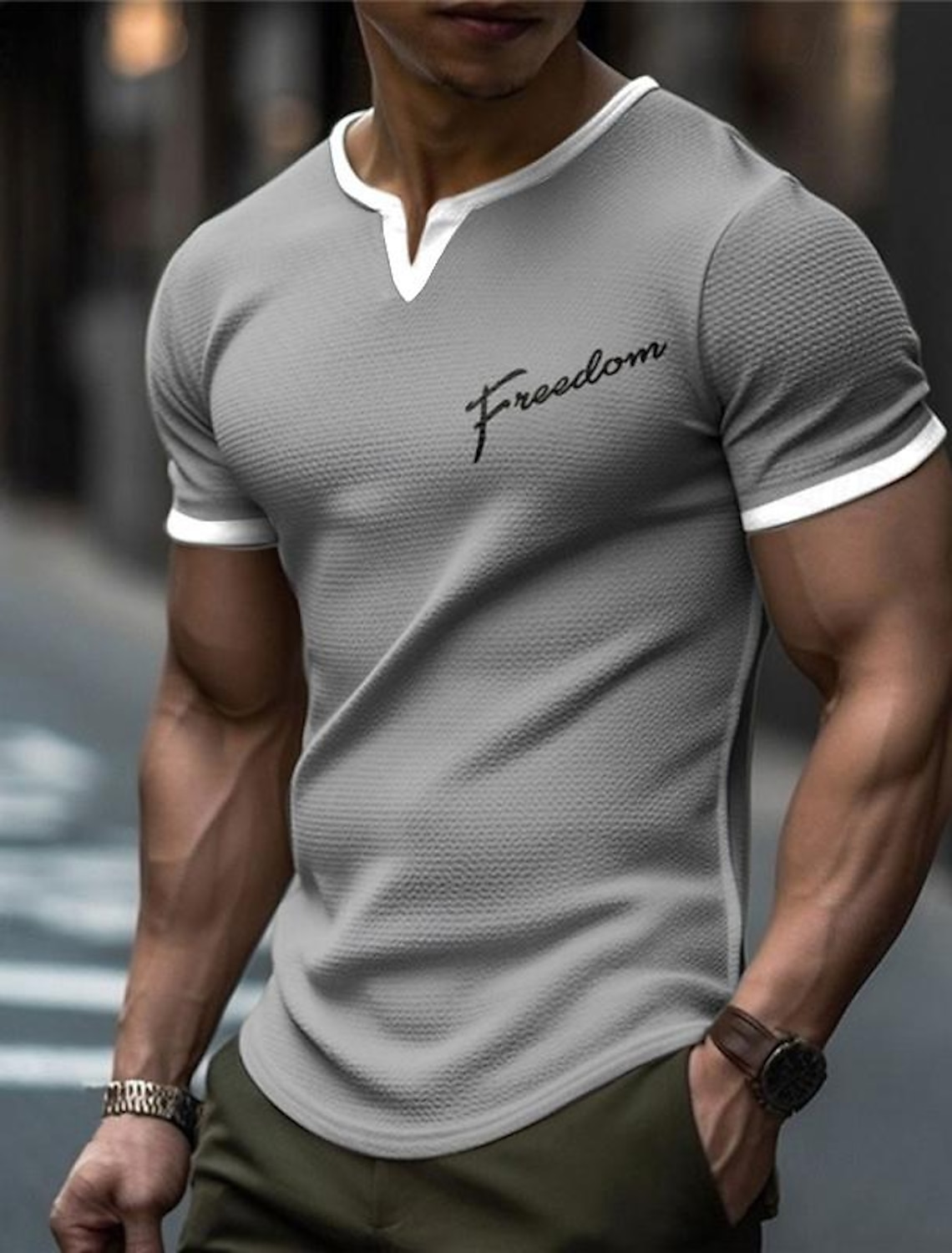 Men's Graphic Patchwork Letter Waffle T Shirt Short Sleeve 3D Print V