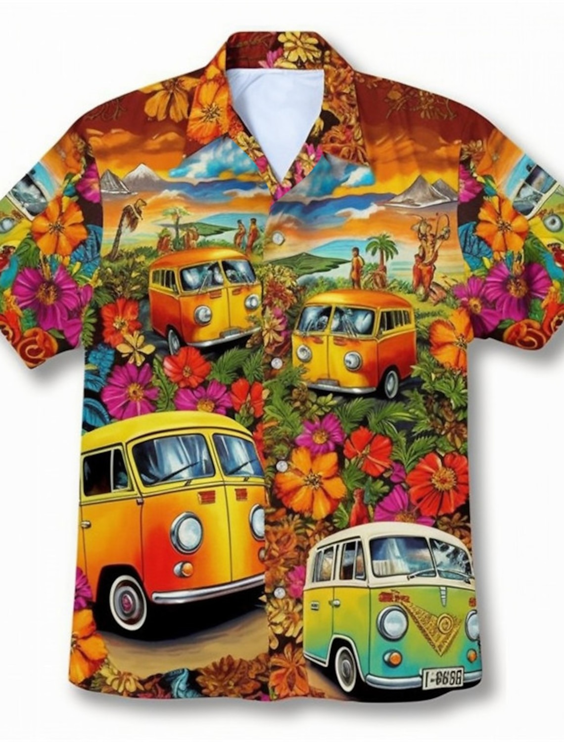 Men's Floral Hippie Bus Shirt Summer Hawaiian Aloha Short Sleeves
