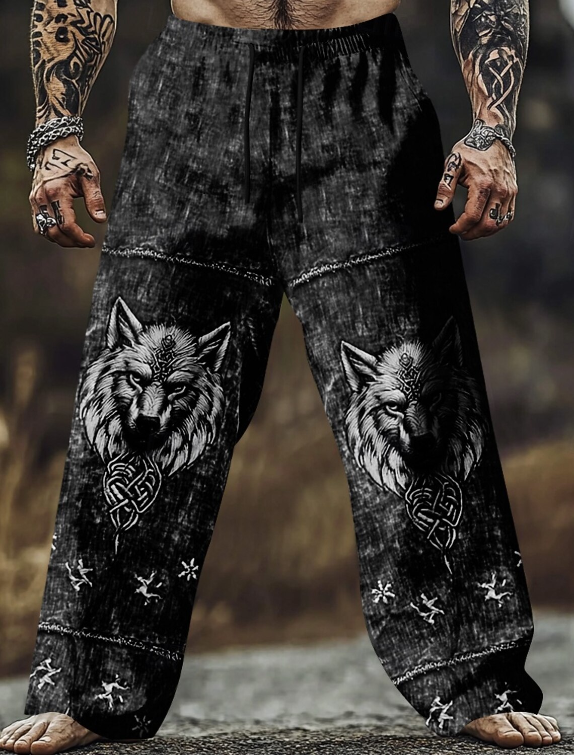 Men's Wolf Viking Celtic Art Trousers Baggy Pants Casual Mid Waist