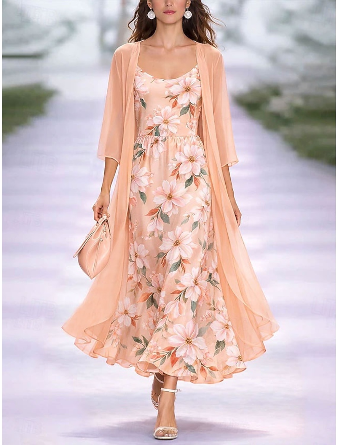 Women's Dress Set A Line Dress Elegant Vacation Floral Graphic Layered Print Maxi Dress 3/4 Length Sleeve V Neck Daily Vacation Pink Purple Orange Summer Spring Regular Fit