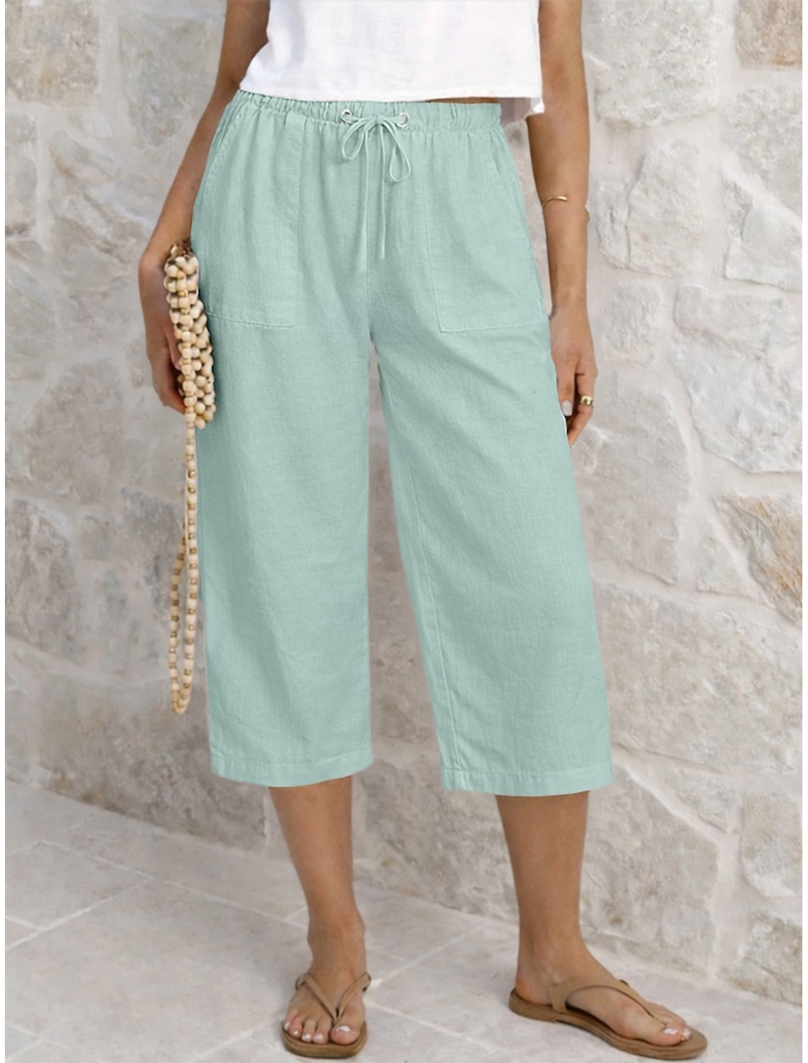 Women's Capri Pants Summer Shorts Cropped Pants Linen Capri Pants Fashion Basic Calf-Length Medium Waist Plain Drawstring Pocket Elastic Waist Lightweight Breathable Inelastic Vacation Street Daily