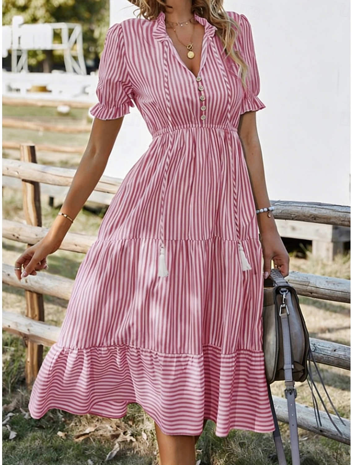 Women's Midi Dress Casual Dress Swing Dress Elegant Fashion Modern Outdoor Vacation Going out Regular Fit Striped Short Sleeve V Neck Blue Yellow Pink Green Summer Spring