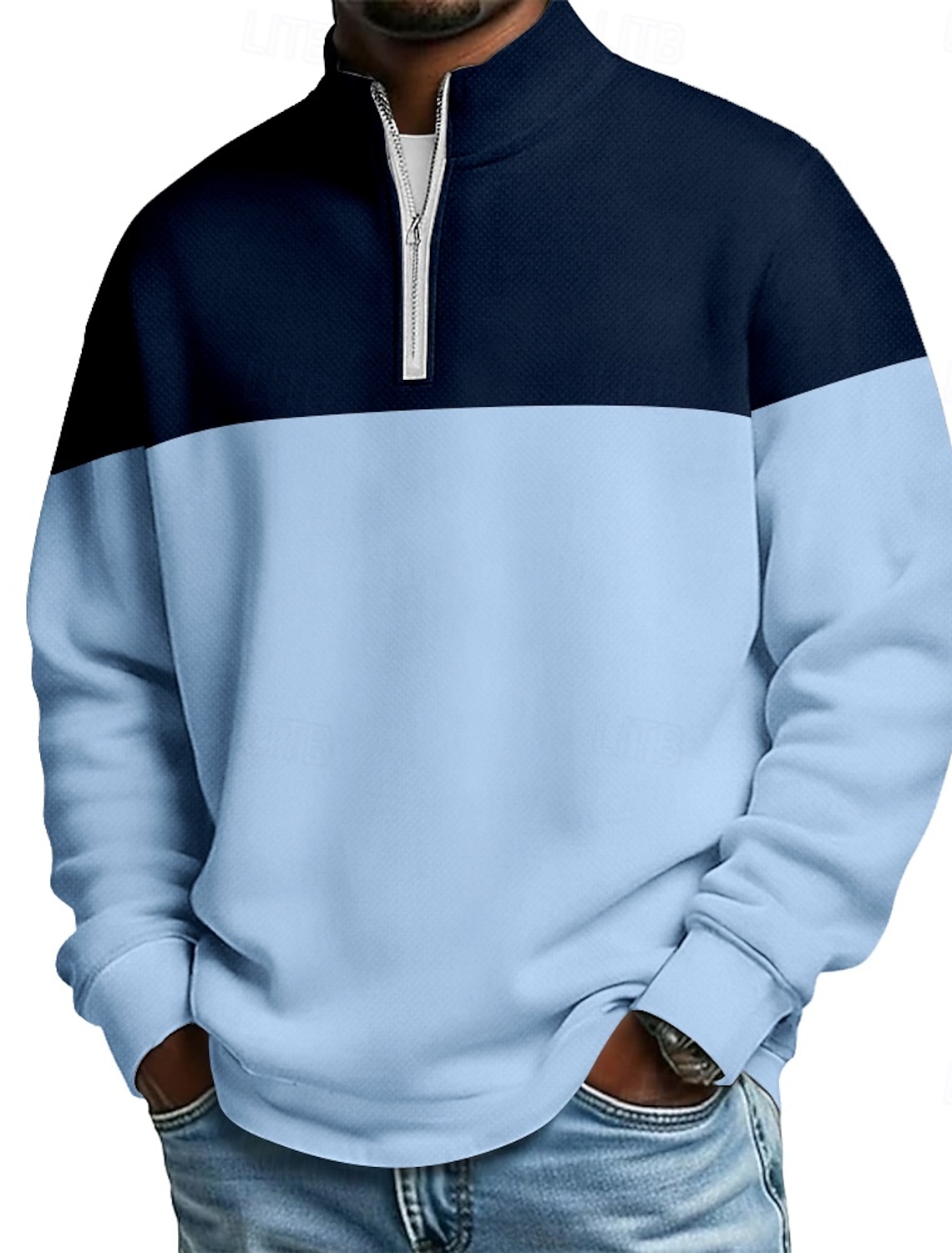 Men's Color Block Zip Polo Shirts Long Sleeve Grandad Collar Casual