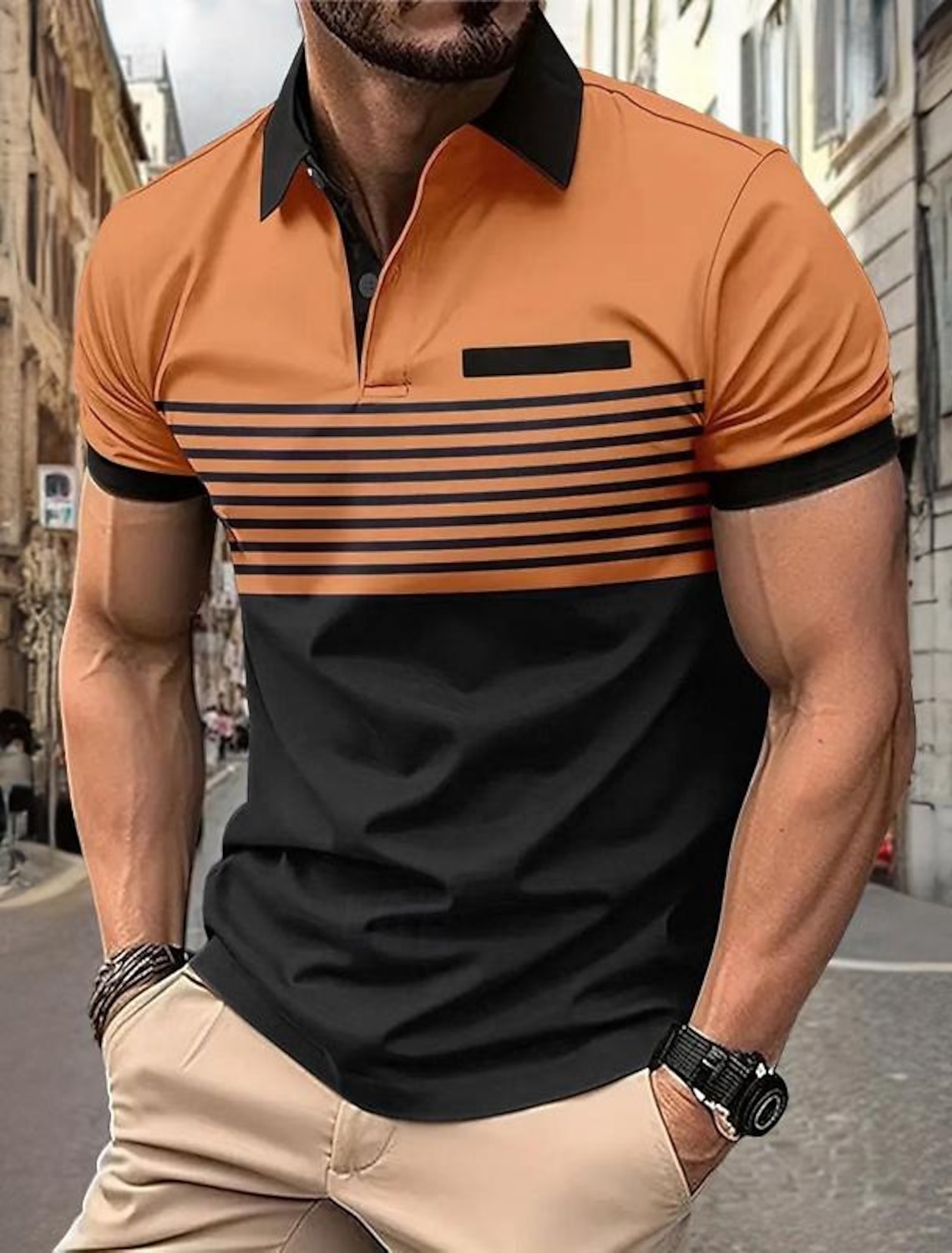 Men's Horizontal Stripes Polo Long Sleeve Shirts Collared Business