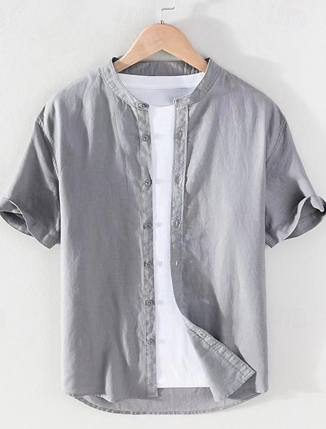 Men's Shirt Chinese Collar Shirt Mandarin Collar Shirt Casual Shirt Button Up Shirt Cotton Shirt Plain Vacation Street White Navy Blue Khaki Light Grey Short Sleeve Grandad Collar Summer Clothing