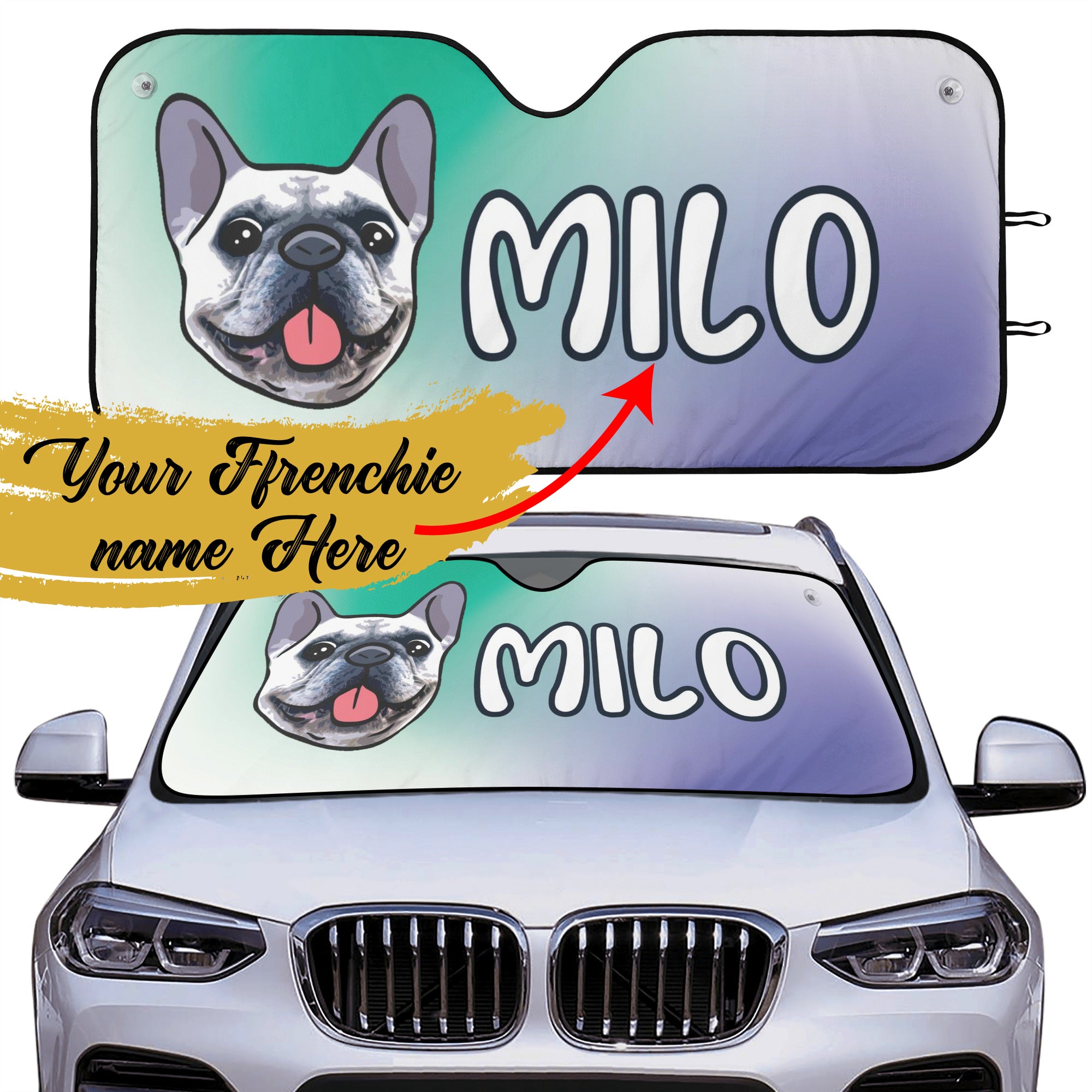 Custom Car Auto Sun Shade with Frenchie's Name - Car Auto Sun Shade