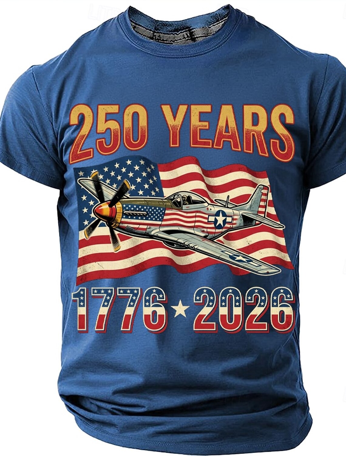 250th Anniversary July 4th 2026 Men's 250 Years 1776-2026 P-51 Mustang Fighter Plane Graphic T Shirt Short Sleeve Crew Neck Patriotic USA Flag Aviation Veteran Gift Designer Clothing Apparel