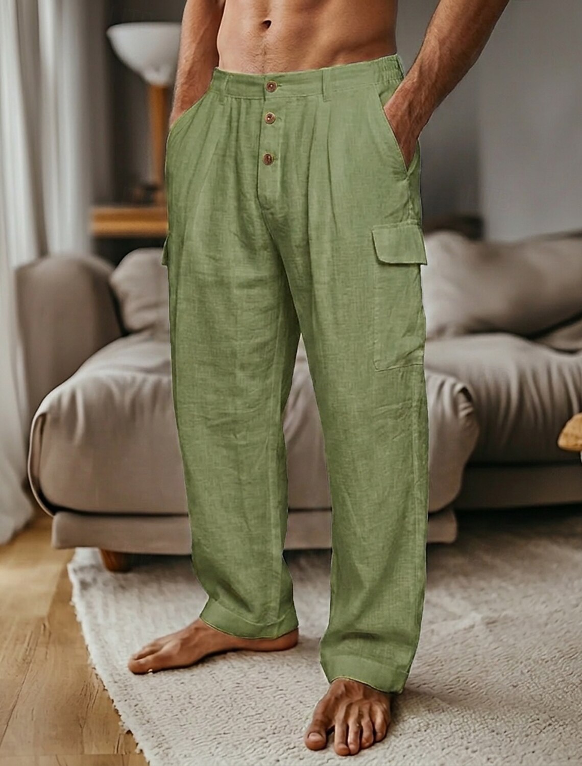 Men's Linen Pants Trousers Summer Pants Drawstring Elastic Waist Straight Leg Plain Comfort Breathable Full Length Casual Daily Holiday Fashion Classic Style Khaki White Inelastic