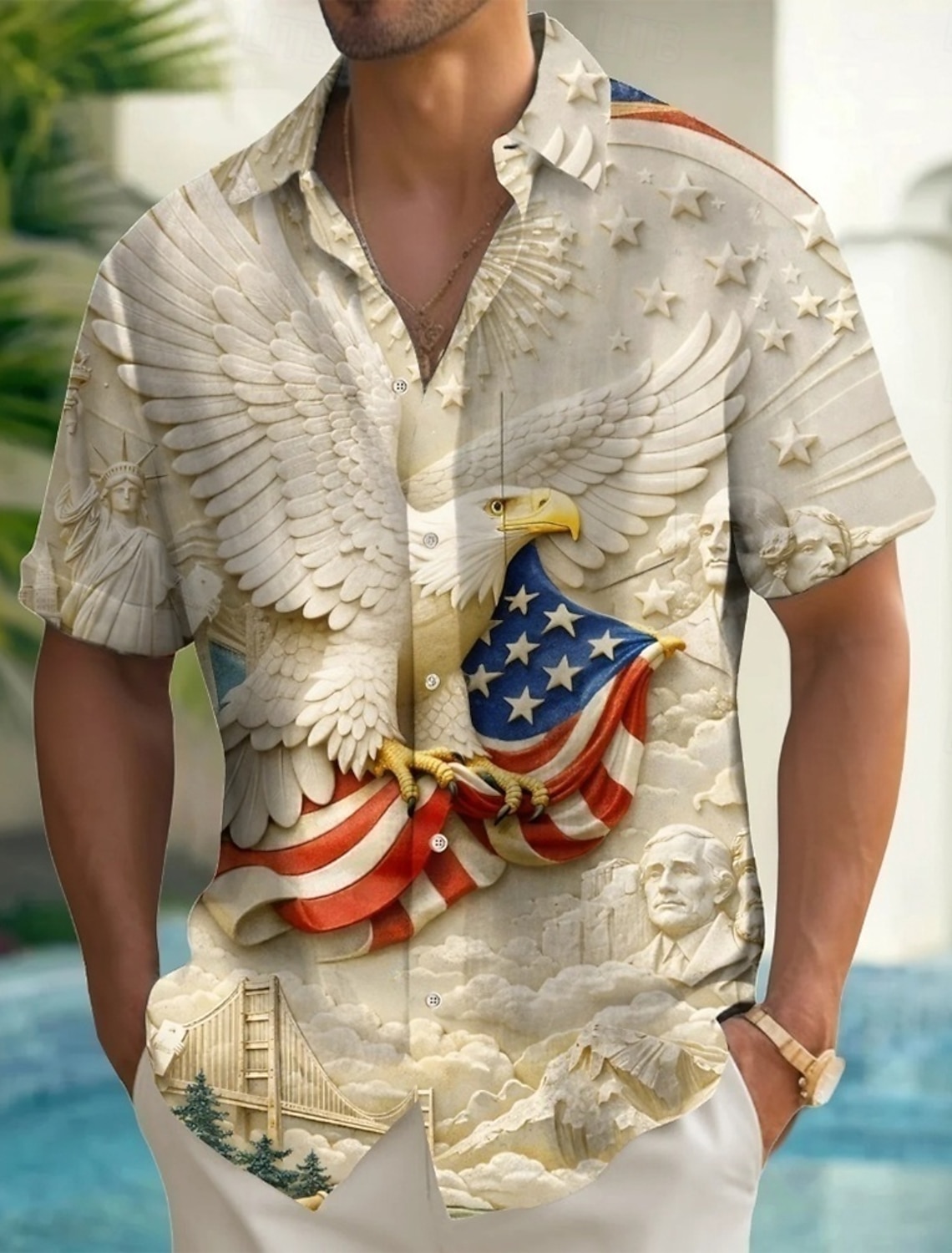 Men's Eagle US Flag America's 250th Anniversary Shirt Summer Shirt Button Up Shirt Short Sleeve Patriotic Outdoor Holiday Summer Spring Turndown 3D Print Collared Shirts Front One Pocket Blue Pink