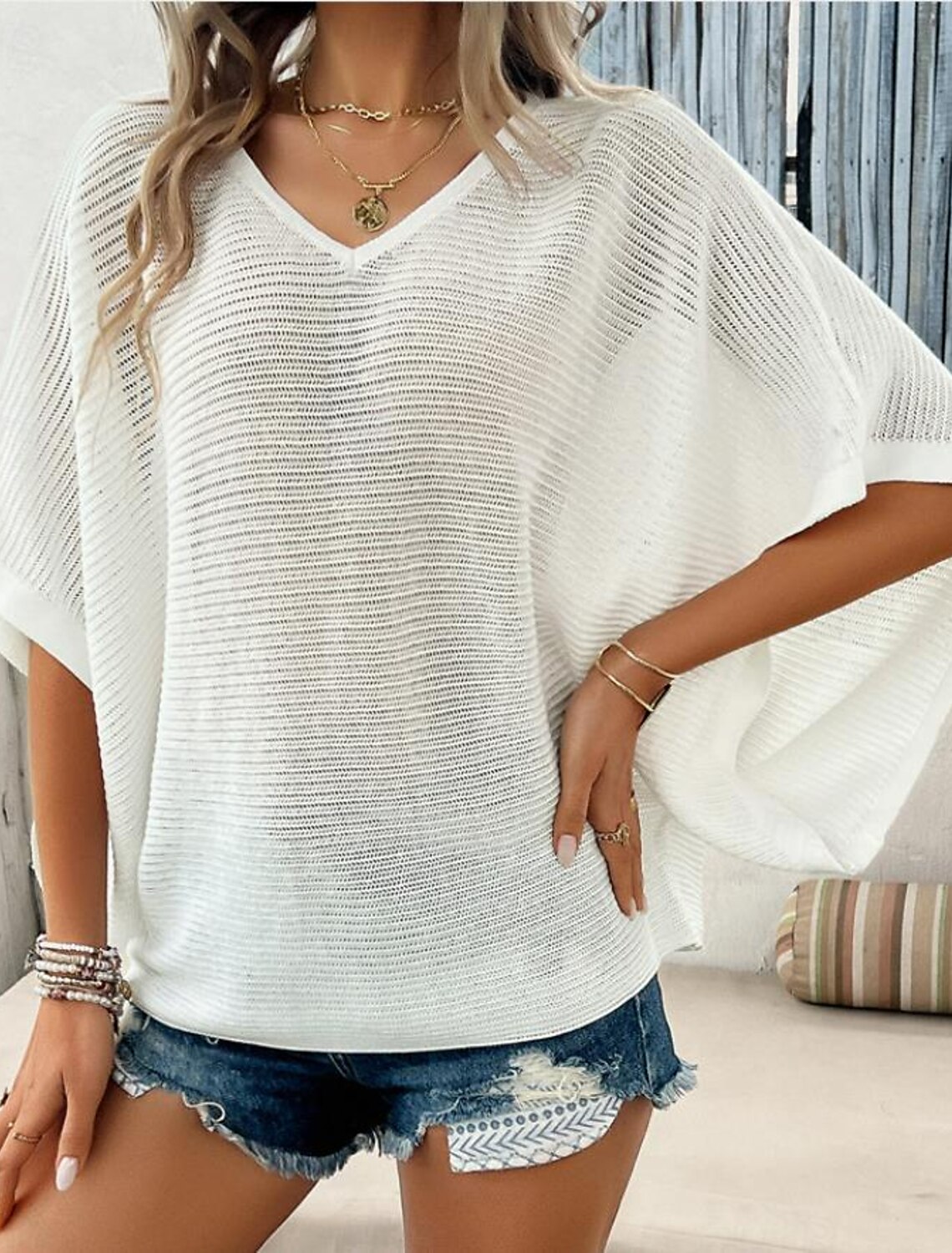 Women's Knitted Top V-neck Short Sleeve Elastic Soft Burnt Casual Loose Fit Versatile Spring Fall Clothing Apparel