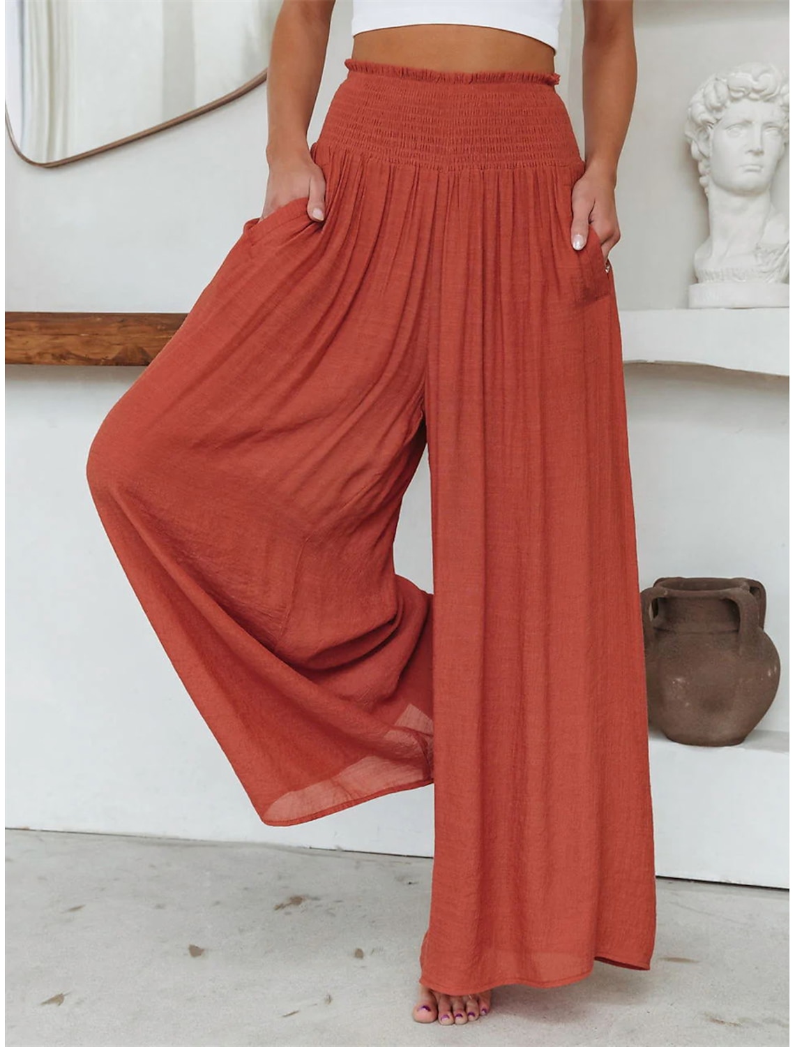 Women's Wide Leg Pants Trousers Vacation Simple Casual Full Length High Waist Plain Pocket Elastic Waist High Cut Comfort Breathability Soft Micro-elastic Daily Home Street Black White Pink Emerald