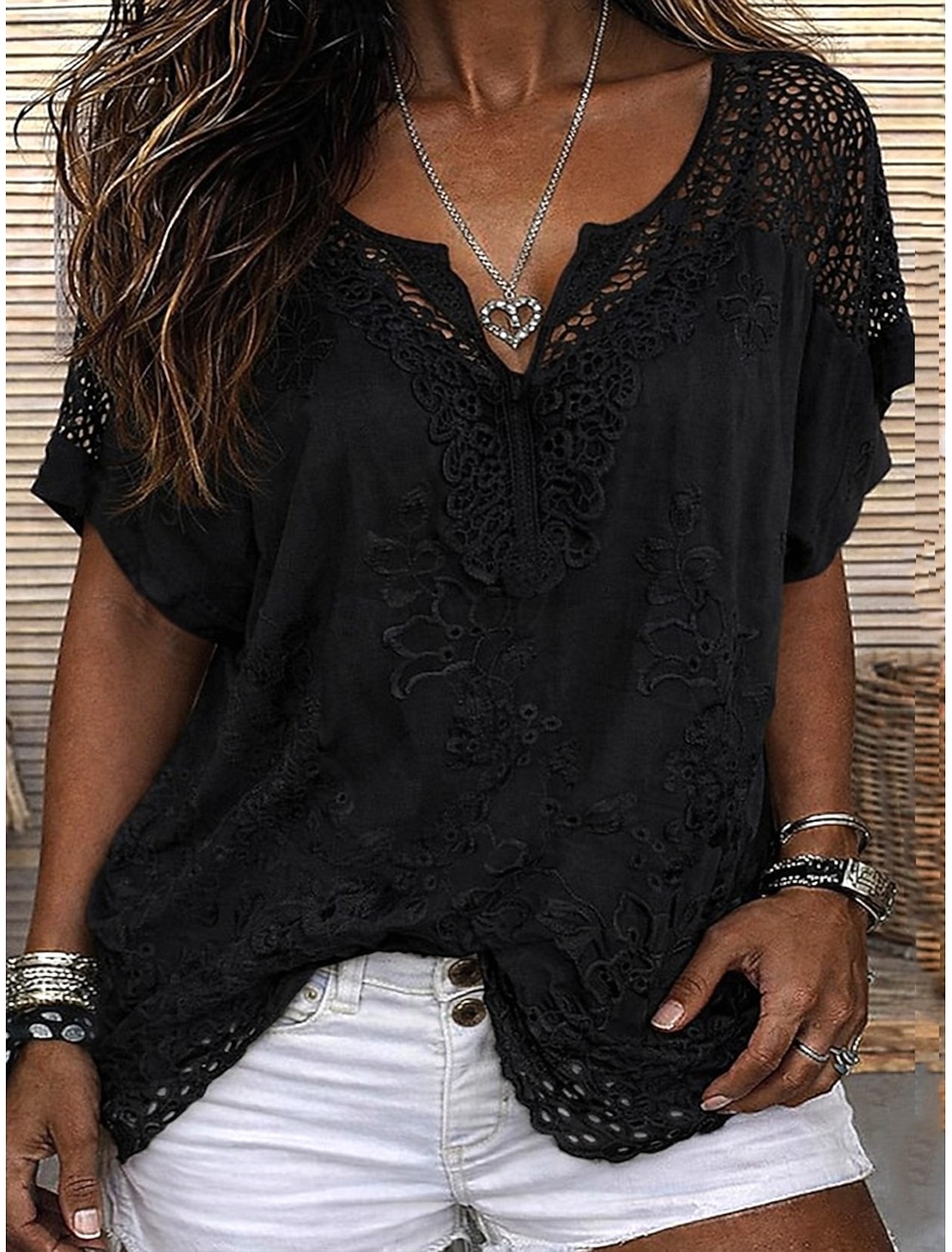 Women's Blouse Lace Solid Color Stylish Casual Short Sleeve V Neck Regular Tops Daily Blue Black White Orange Grey Summer Spring Fall