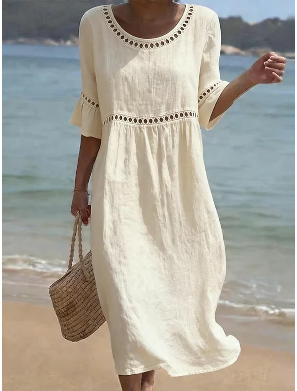 Women's Midi Dress Linen-feel Dresses Shift Dress Summer Dress Classic Casual Daily Loose Fit Plain Short Sleeve Crew Neck Blue Yellow Green Beige Summer Spring