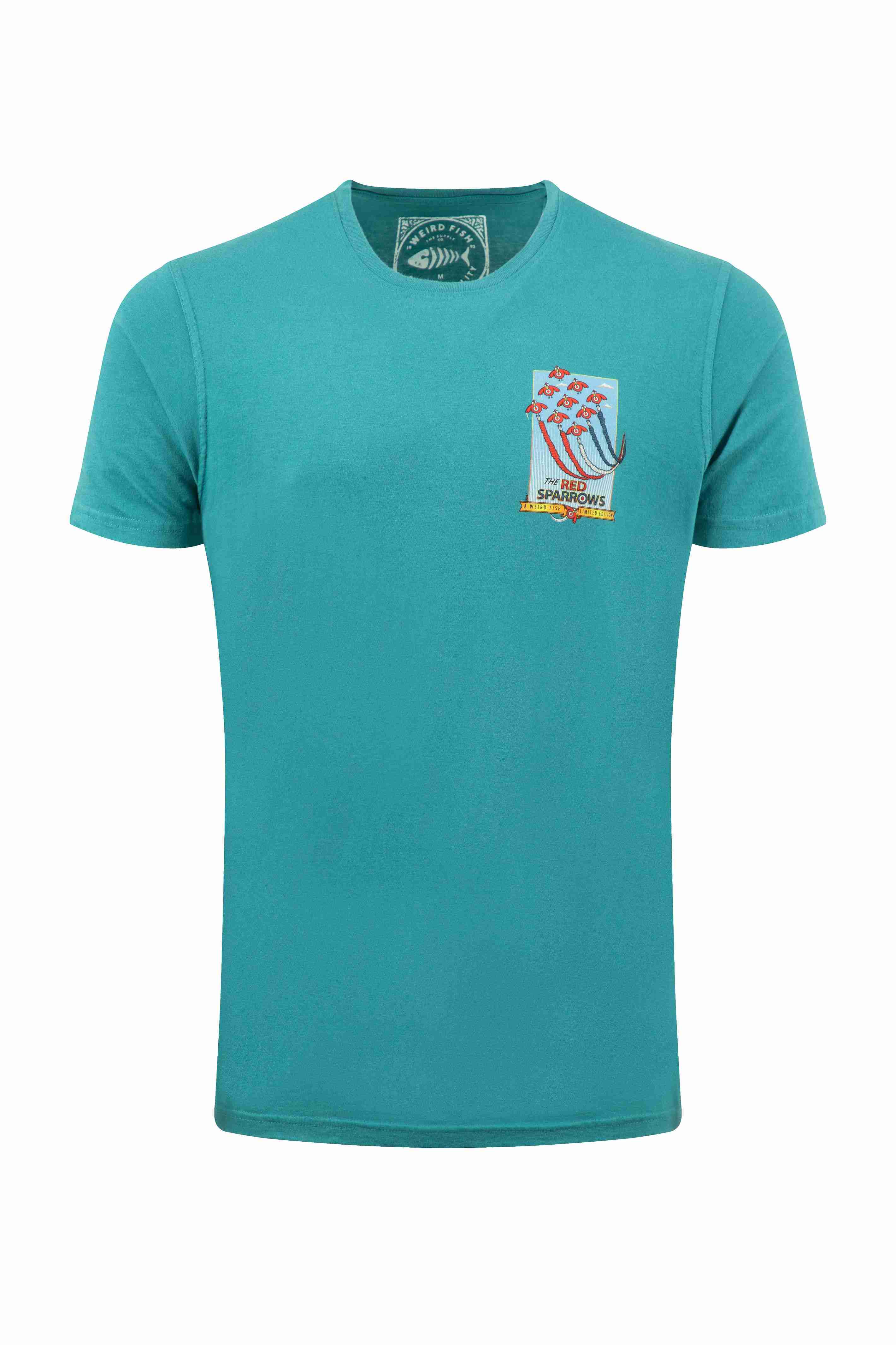 Red Sparrows Back Print Artist T-Shirt Deep Teal