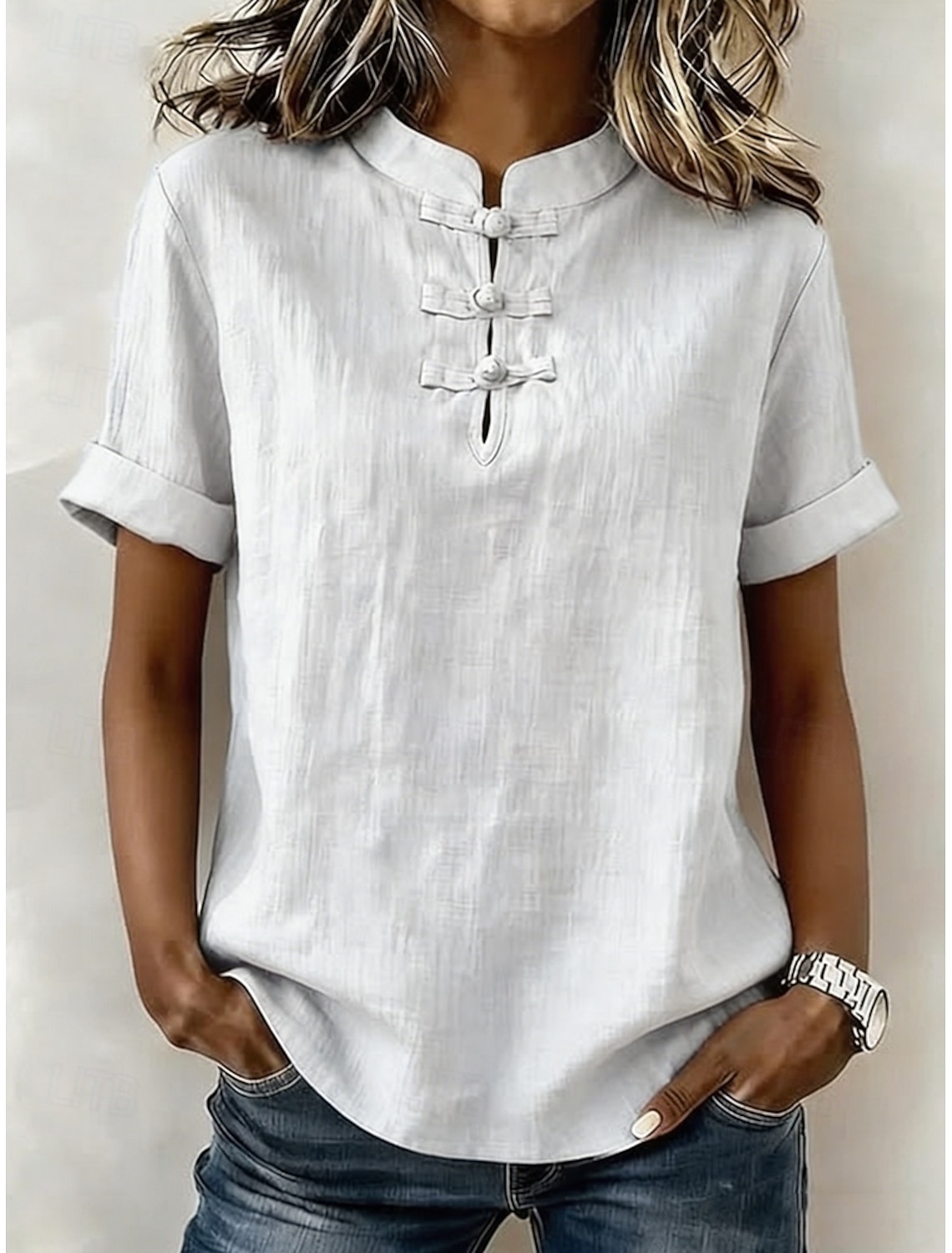 Women's Cotton Linen Shirts Blouse Stylish Short Sleeve Mandarin Collar Long Tops Blue White Pink Green khaki Summer Spring