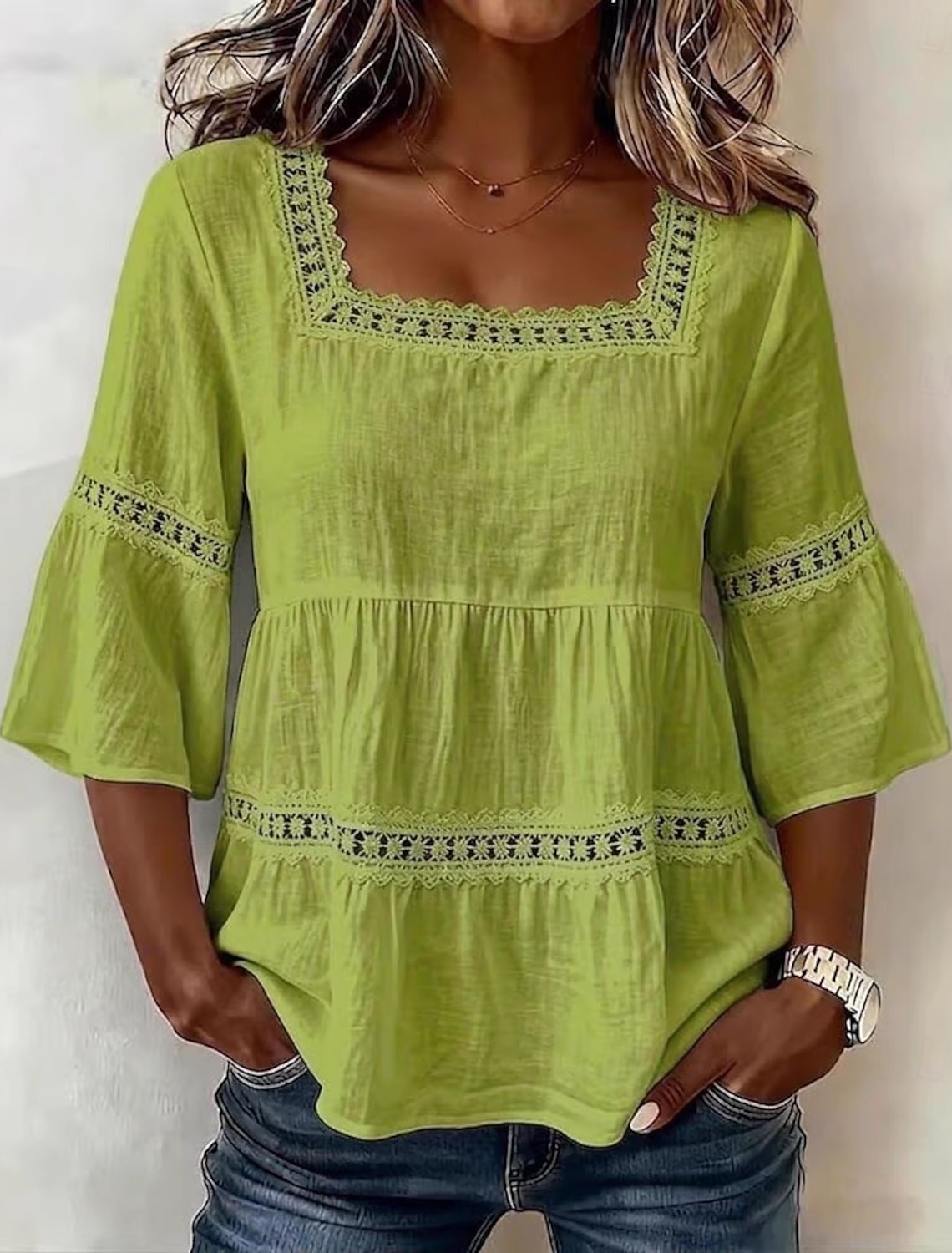 Women's Linen-feel Shirts Blouse Lace Trim Solid Color Daily Stylish Basic 3/4 Length Sleeve Square Neck Regular Tops Casual Daily Blue White Pink Navy Blue Green Summer Spring Fall