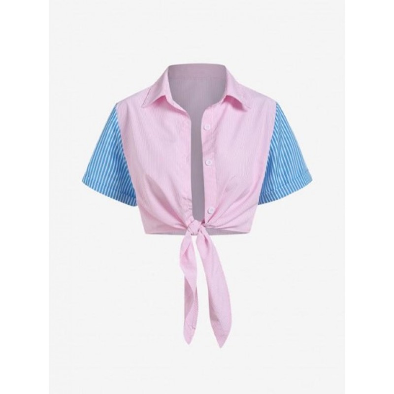 Contrast Striped Button Down Knotted Shirt UU3120