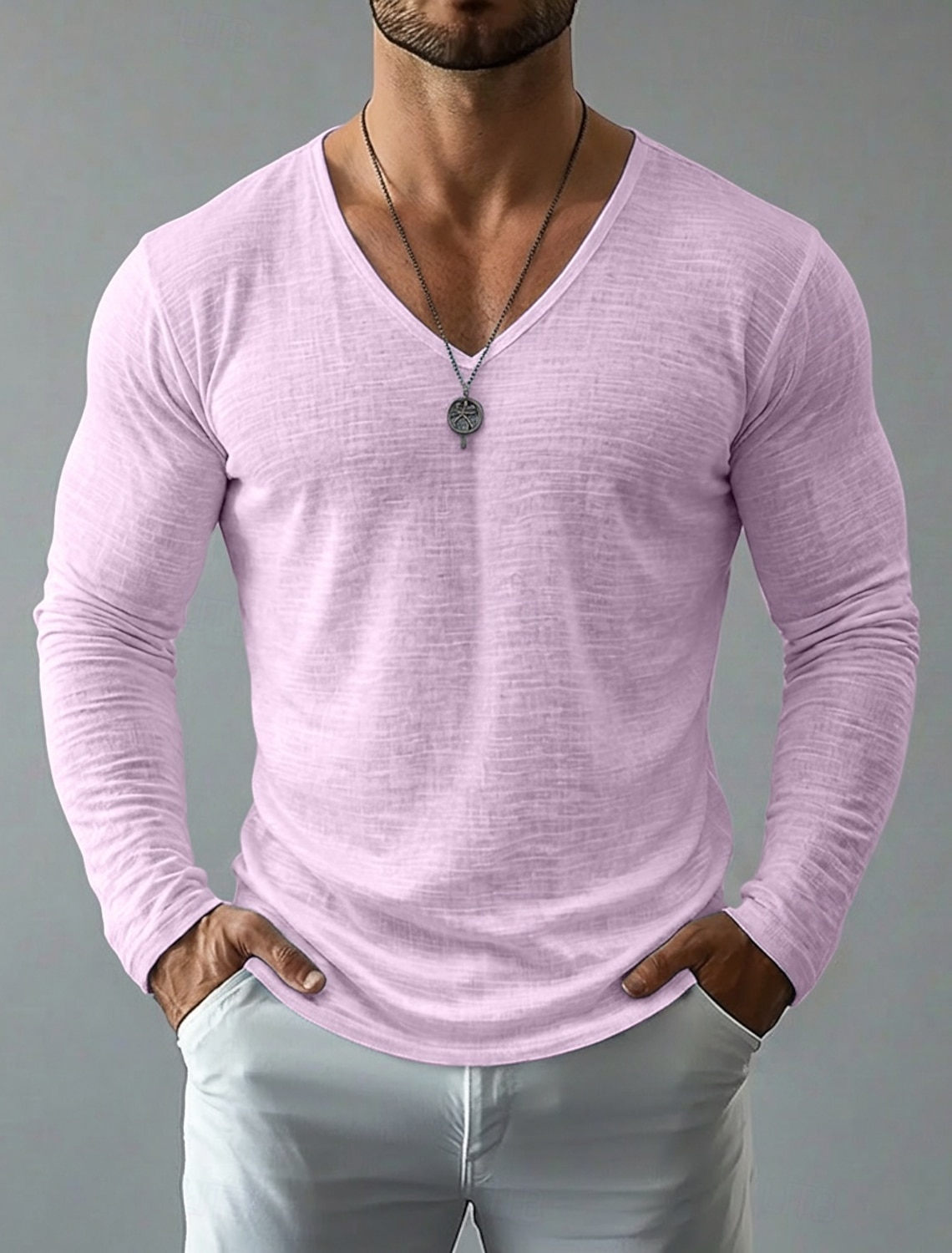 Men's Tee Top Linen T-Shirt Long Sleeve V Neck Spring & Summer Summer Spring Solid Color Daily Casual Street Style Plain Casual Outdoor Street Blue Lake blue Black Top Tee for Men