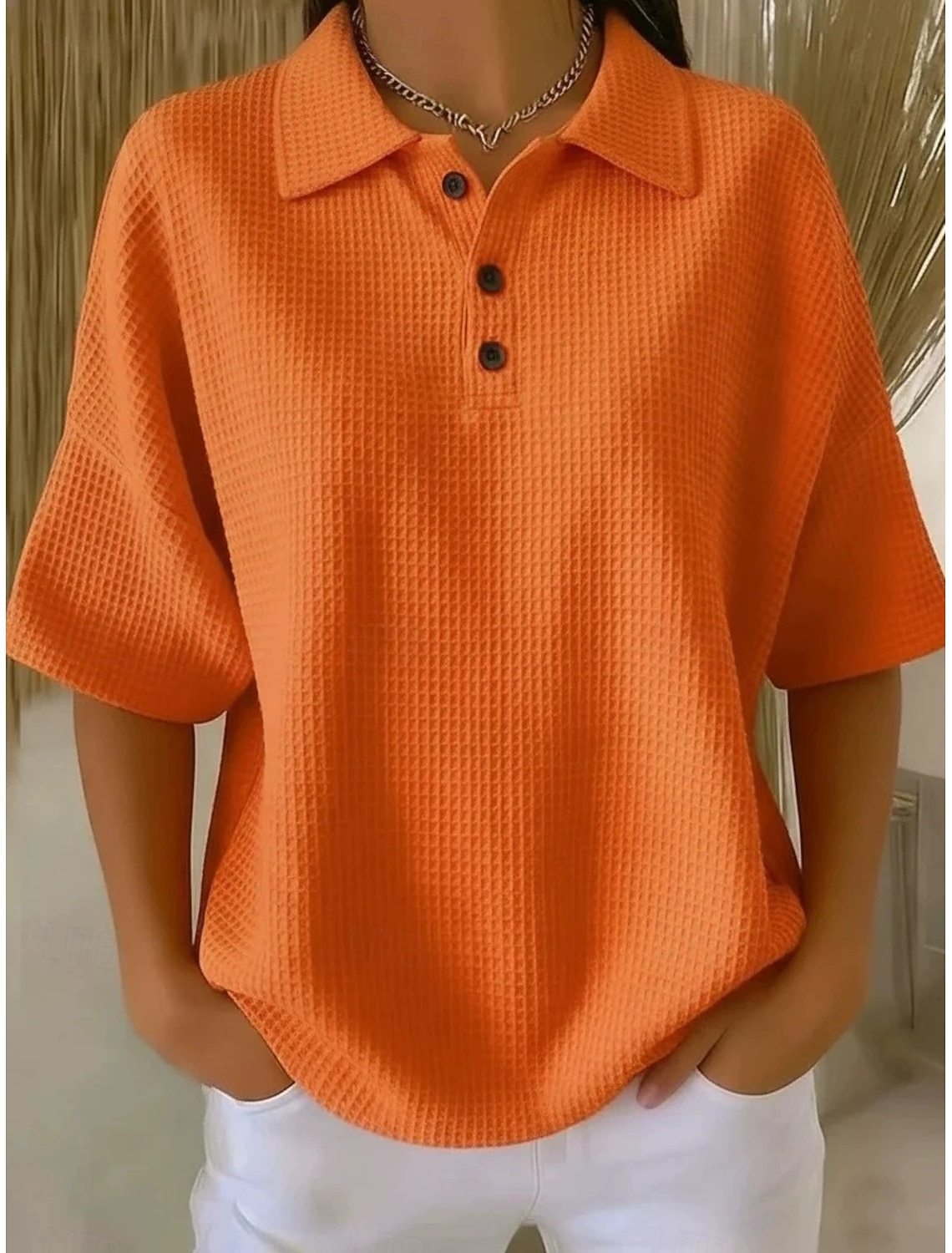 Women's Waffle Shirt Solid Color Elegant Active Vacation Half Sleeve V Neck Long Tops Daily Outdoor Streetwear Black White Red Sky Blue Orange Summer Spring Fall