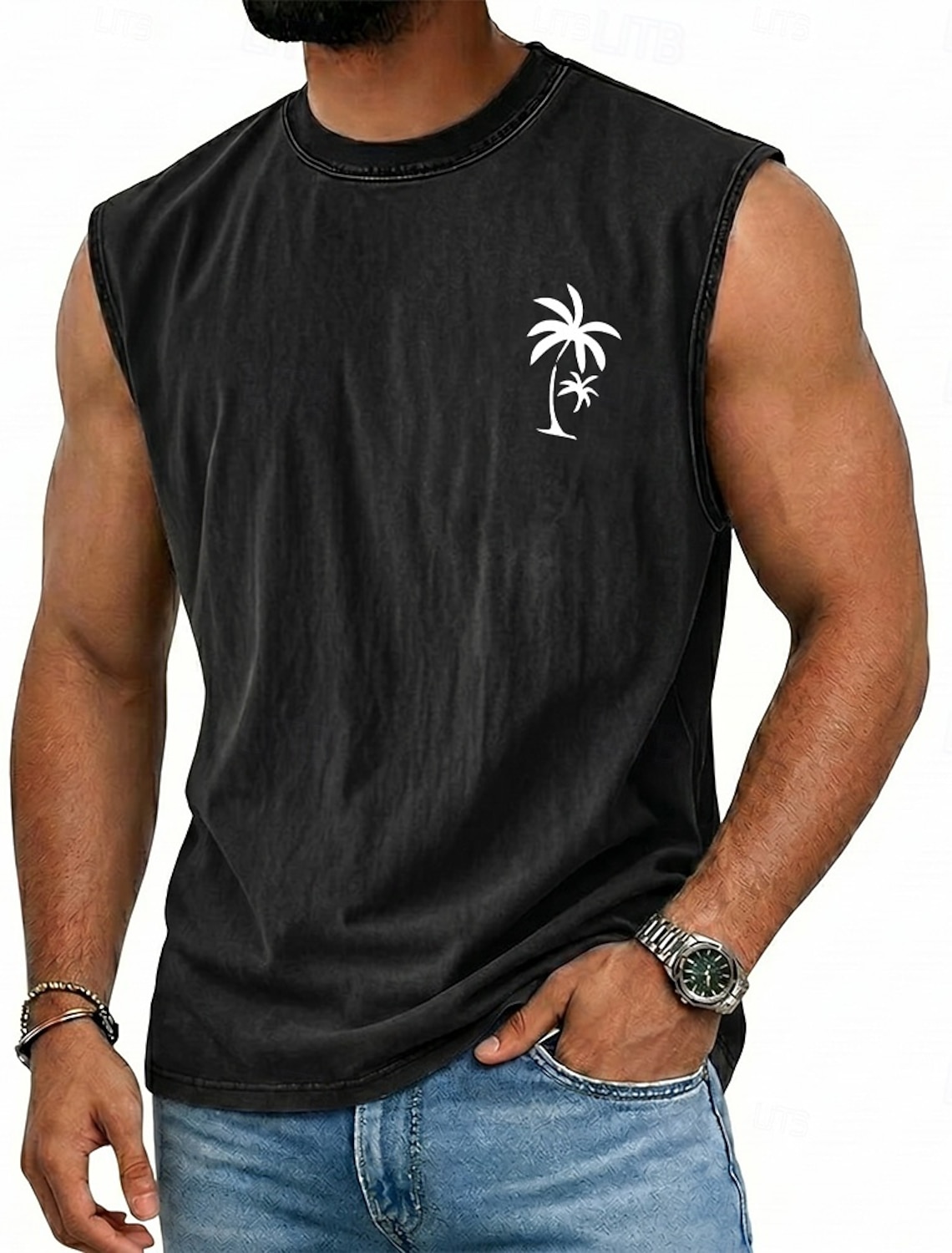 SoftFade™ Men's Coconut Tree T Shirt Demin Shirt 100% Cotton Acid Wash Shirt Short Sleeve Vintage Streetwear Casual Home Street Summer Spring Black Light Green Light Blue Stand