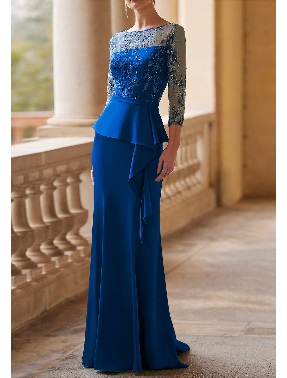 Mermaid Trumpet Floor Length Wedding Guest Dress Formal Dresses Evening Gown Mother of the Bride Dress 3/4 Length Sleeve Half Sleeve Illusion Neck Jewel Neck Elegant Vintage Party Formal Wedding