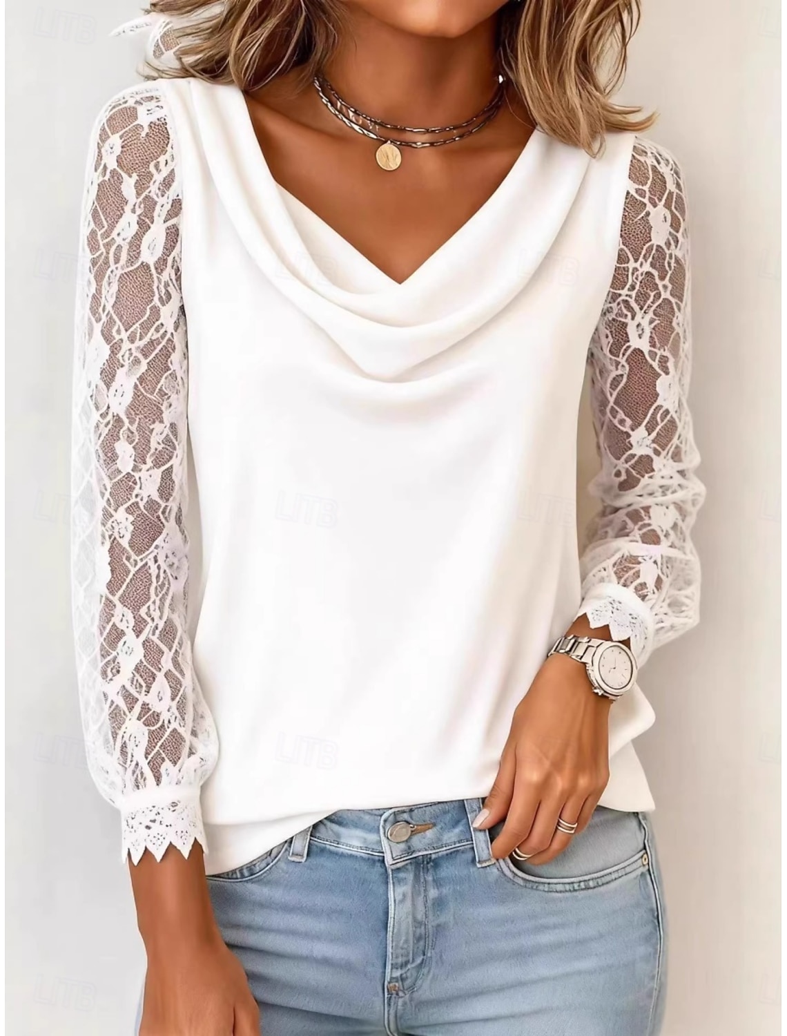 Women's Blouse Lace Patchwork Solid Color Elegant Stylish Casual Long Sleeve Cowl Neck Regular Tops Daily Black White Pink Wine Navy Blue Spring Fall Winter