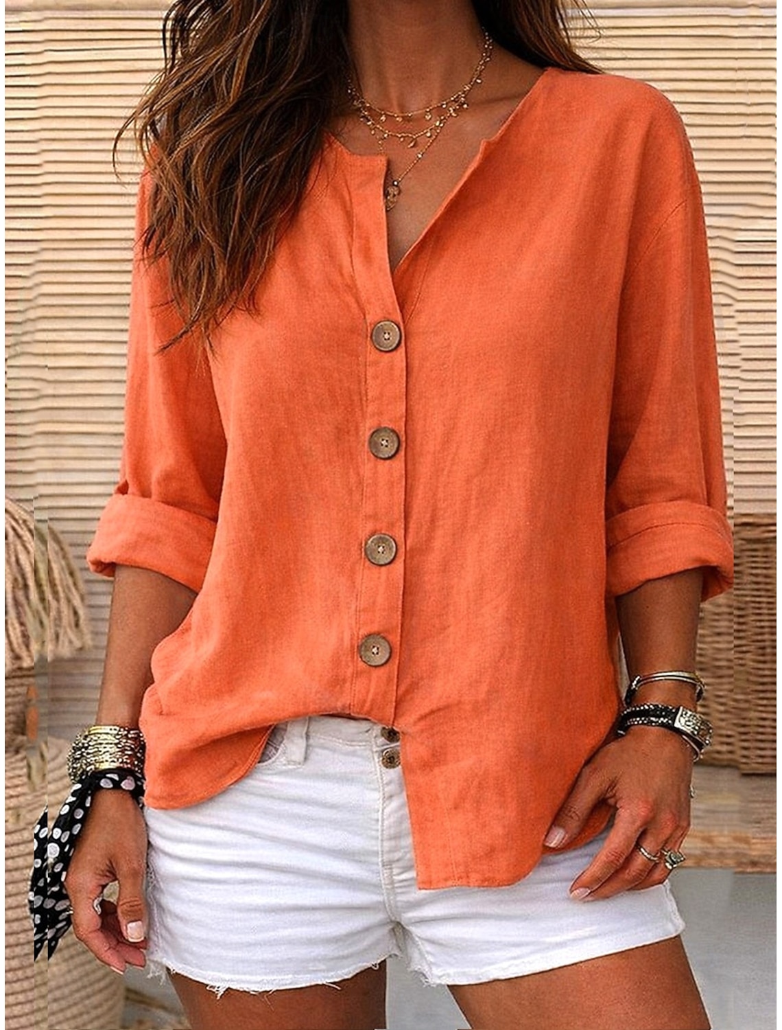 Women's Cotton Linen Blouse Buttons Solid Color Vacation Daily Casual Sleeveless 3/4 Length Sleeve V Neck Regular Tops Casual Daily Going out Khaki Red Orange Green Summer Spring Fall