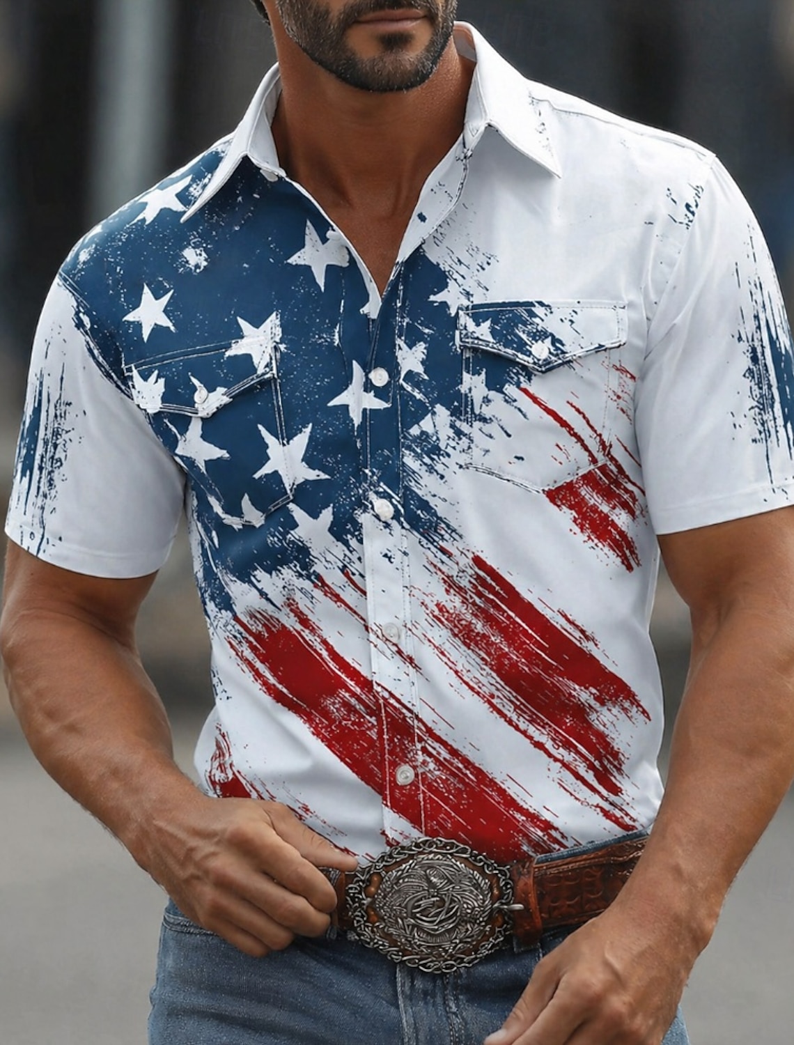 Men's 4th of July U.S. 250th Anniversary American Flag Shirt Western Shirt Button Up Shirt Short Sleeve Patriotic Outdoor Holiday Summer Spring Turndown 3D Print Front Two Pockets Linen Like Shirt