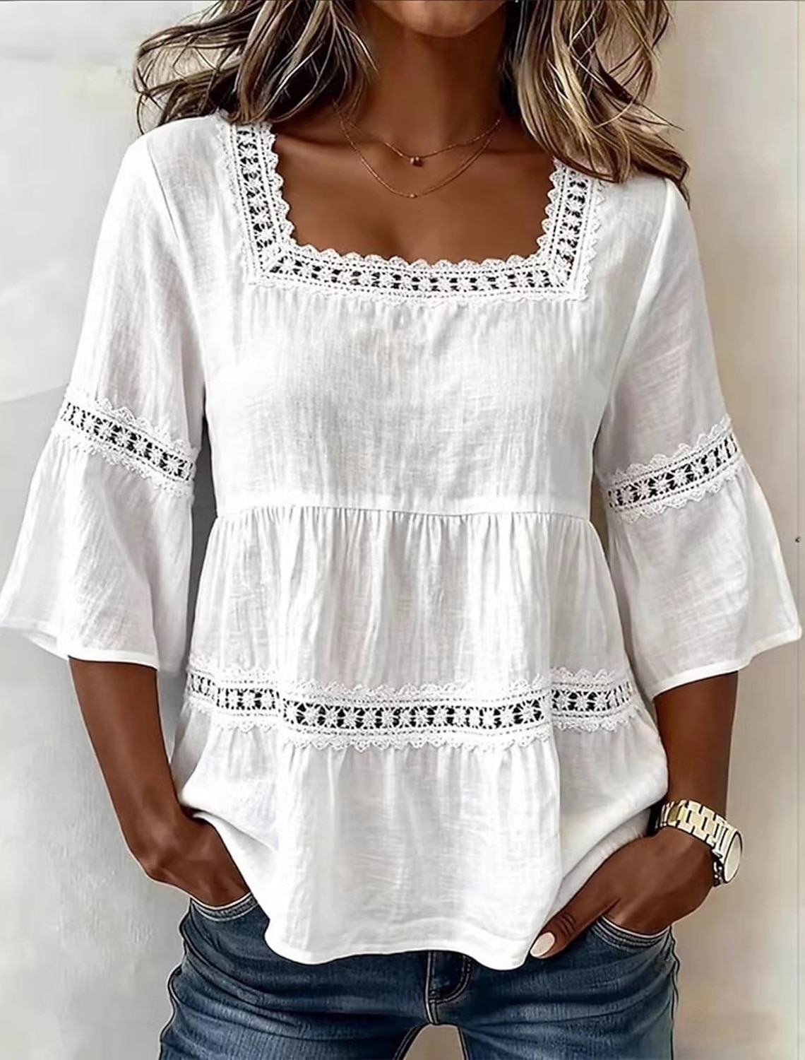 Women's Linen-feel Shirts Blouse Lace Trim Solid Color Daily Stylish Basic 3/4 Length Sleeve Square Neck Regular Tops Casual Daily Blue White Pink Navy Blue Green Summer Spring Fall