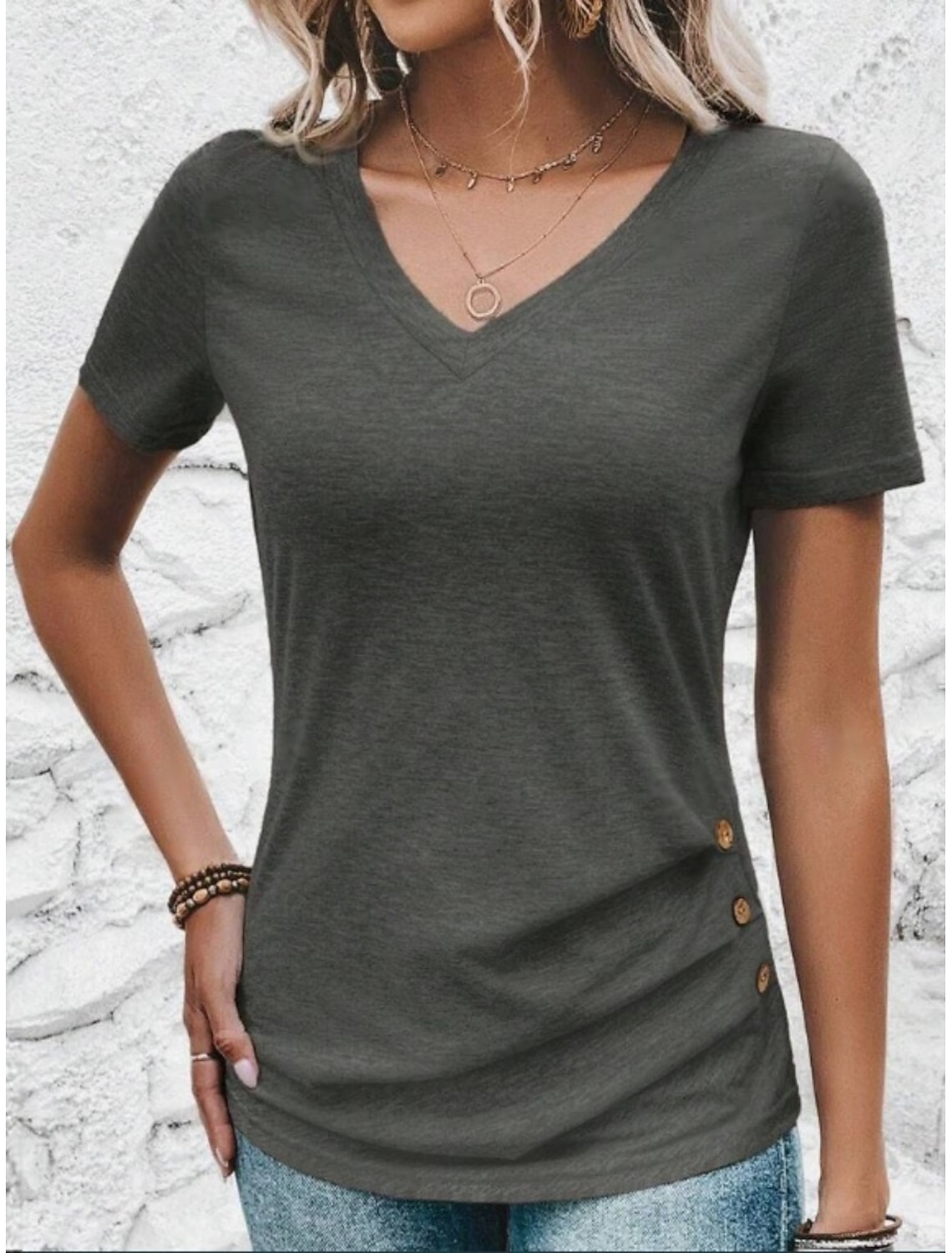 Women's T Shirt Tee Top Solid Color Fashion Classic Casual Short Sleeve V Neck Regular Tops Daily Going out Weekend Army Green Red Purple Rose Pink Gray Summer Spring