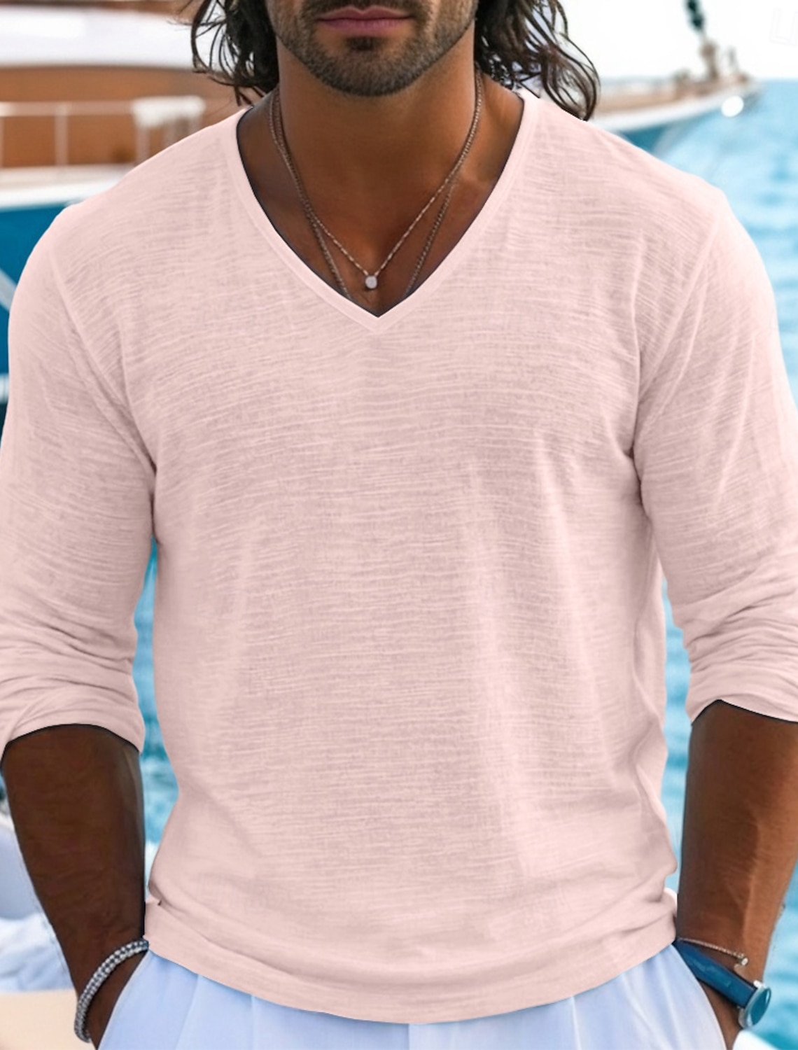 Men's Tee Top Linen T-Shirt Long Sleeve V Neck Summer Spring Spring & Summer Solid Color Plain Textured Daily Casual Street Style Plain Casual Outdoor Street Blue Lake blue Black Top Tee for Men