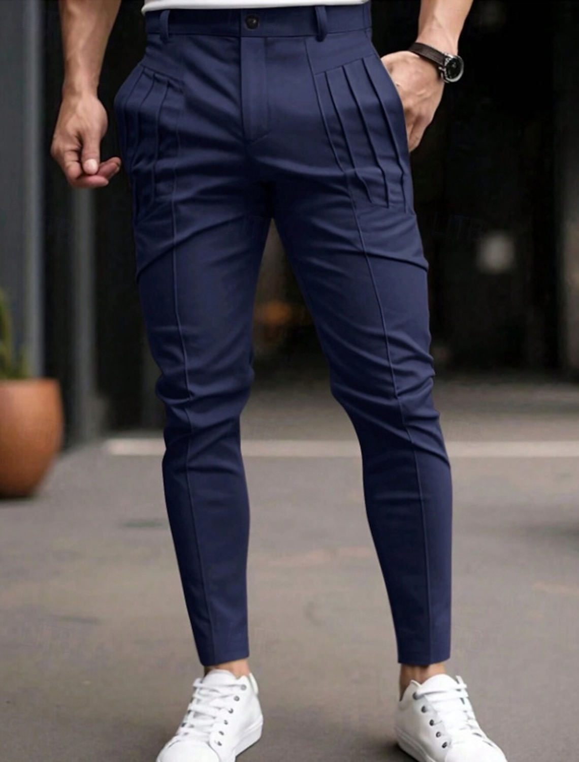 Men's Trousers Chinos Chino Pants Casual Pants Pocket Elastic Waist Pleats Plain Comfort Soft Full Length Outdoor Daily Going out Fashion Streetwear Black Blue Micro-elastic