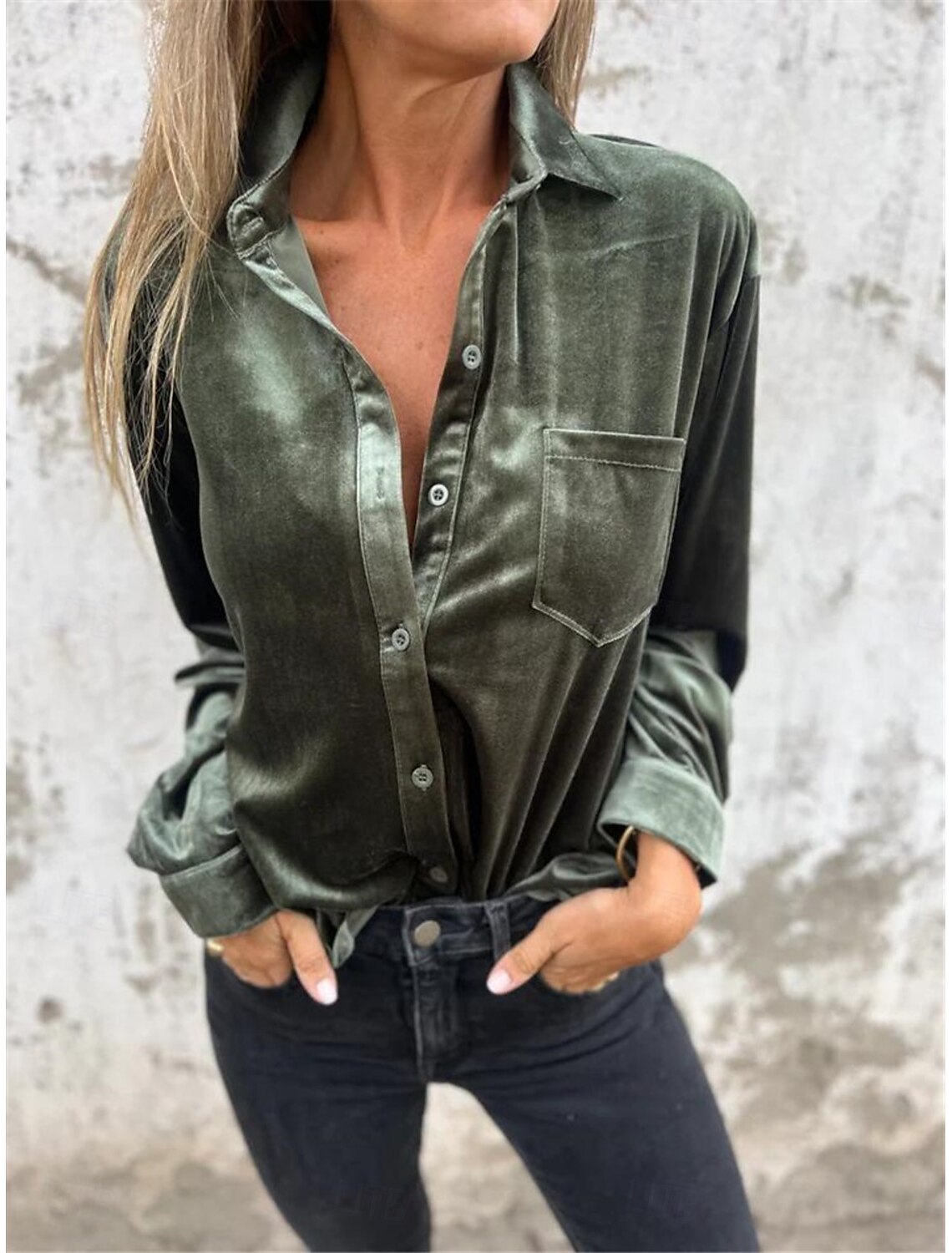 Women's Shirt Blouse Basic Casual Solid Color Regular Tops Long Sleeve Shirt Collar Buttons Regular Fit Daily Fall Winter