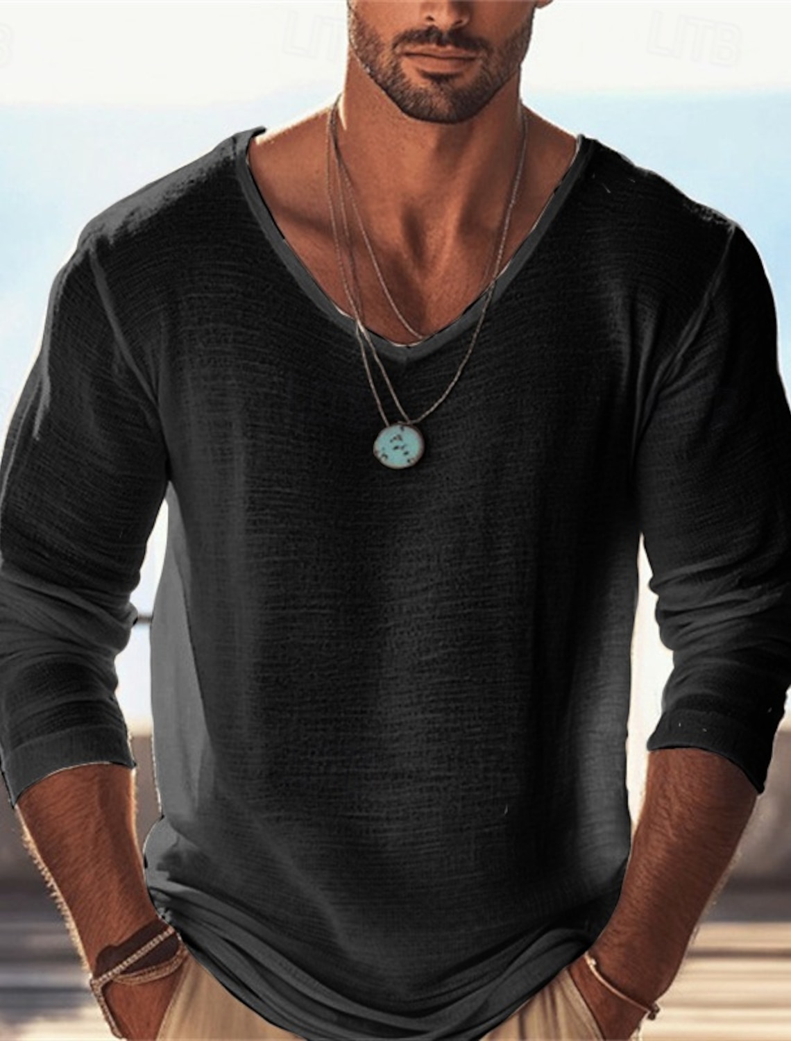 Men's T Shirt Tee Top Long Sleeve V Neck Summer Spring Plain Fashion