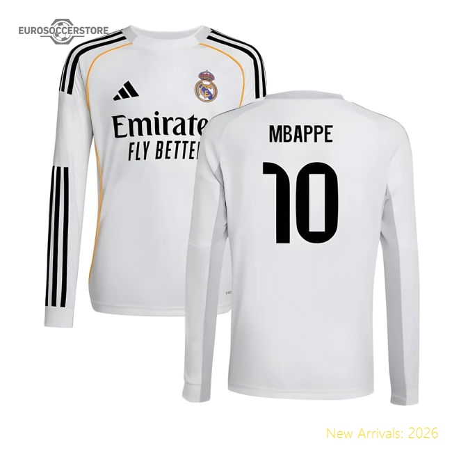 2025-2026 Real Madrid Long Sleeve Home Shirt (Kids) (Mbappe 10)