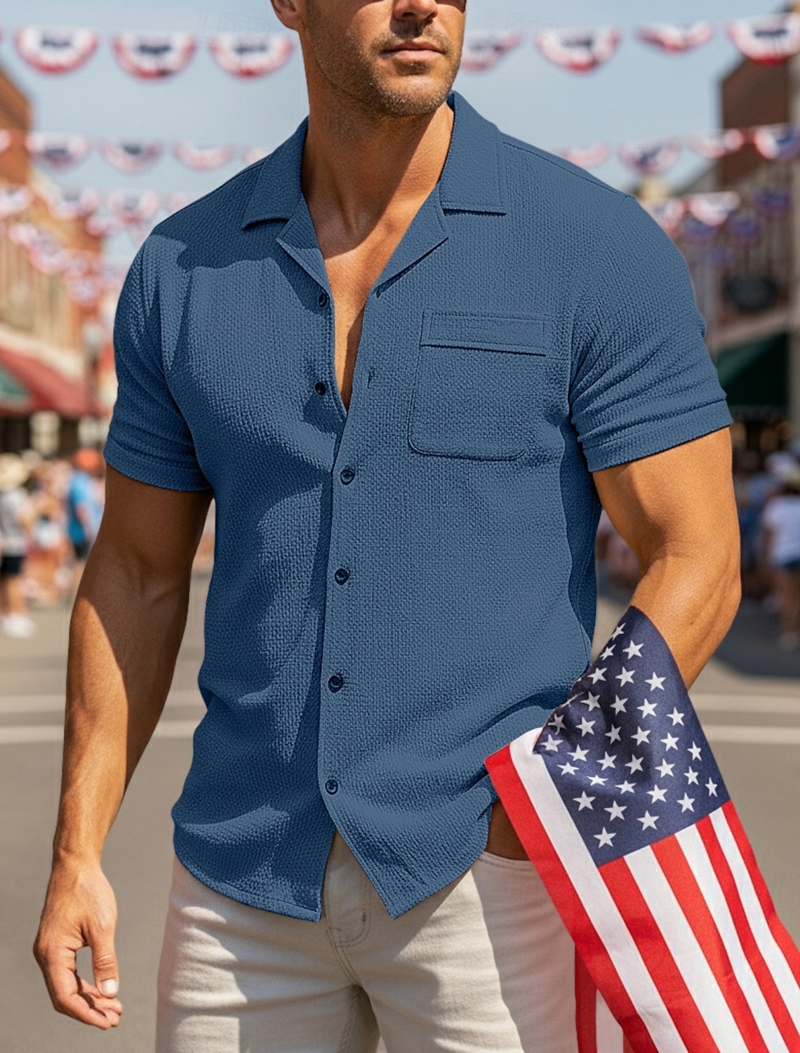Men's Shirt Summer Shirt Beach Wear Seersucker Shirt Solid Color Casual Vacation Blue Black White Khaki Short Sleeve Shirt Collar Summer Spring Clothing Apparel Pocket