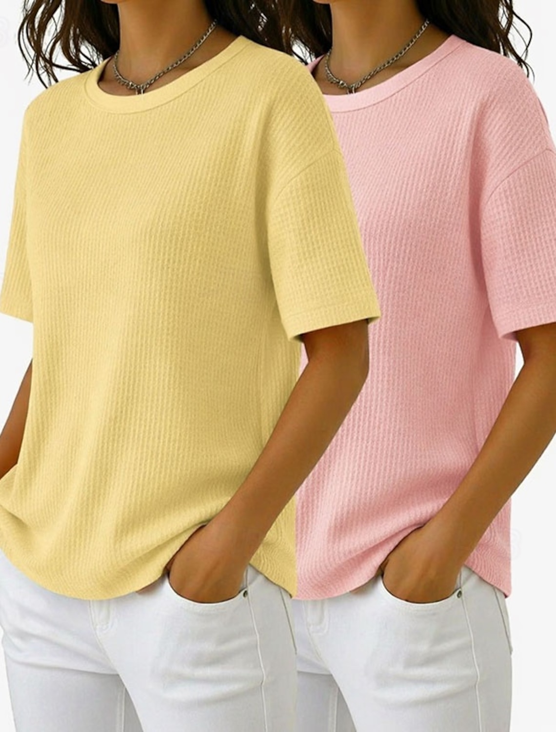 Women's 100% Cotton 2 Pieces Set T Shirt Basic Classic Modern Short Sleeve Crew Neck Regular Tops Casual Daily Going out Black / Red White+Pink White / Black Green / Blue White+Orange Summer Spring